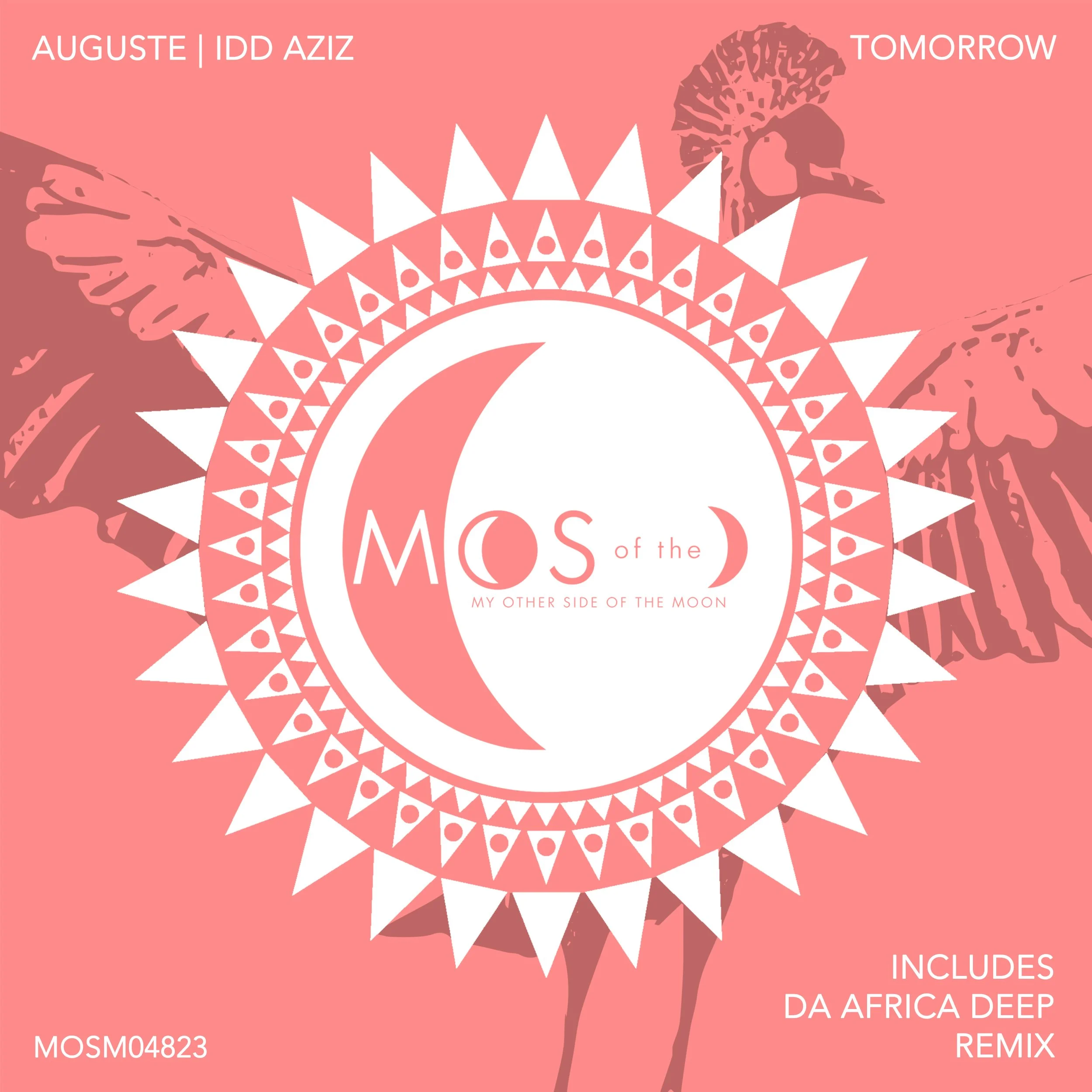 Album cover for 'Mos of the Moon' by Auguste and IDD Aziz, featuring a pink background with a stylized white and pink moon and sun graphic, and black and pink silhouettes of birds and Clan Emblem from South Africa in the background.