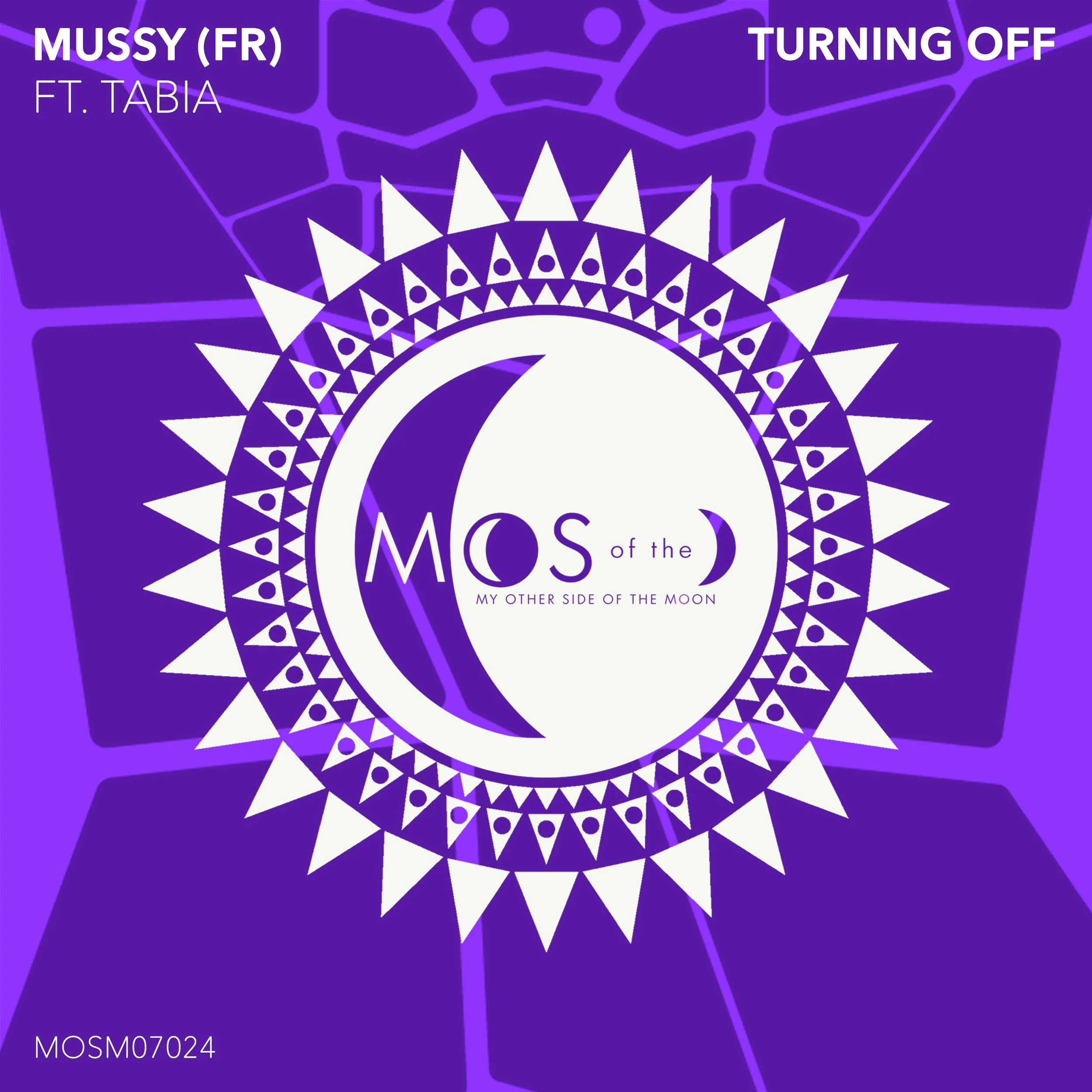 Album cover for 'Mussy (FR) feat. Tabia' titled 'Mos of the Moon', featuring a purple geometric background and a central white circle with stylized crescent moons and text.