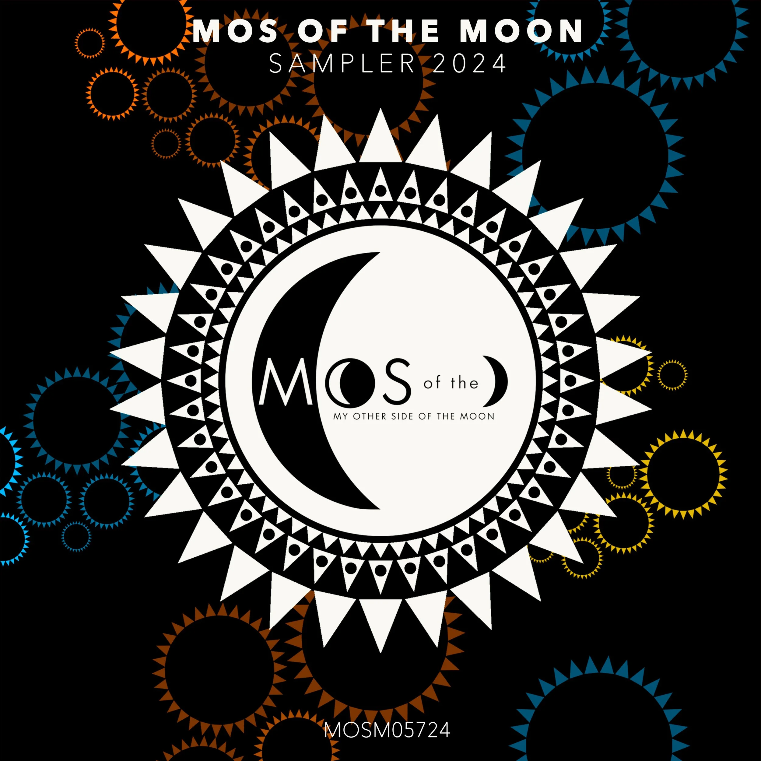 Cover art for MOS of the MOON Sampler 2024 featuring a black background with colorful circular and starburst patterns around a central white circle with black and white moon phases and text, including the title and slogan.