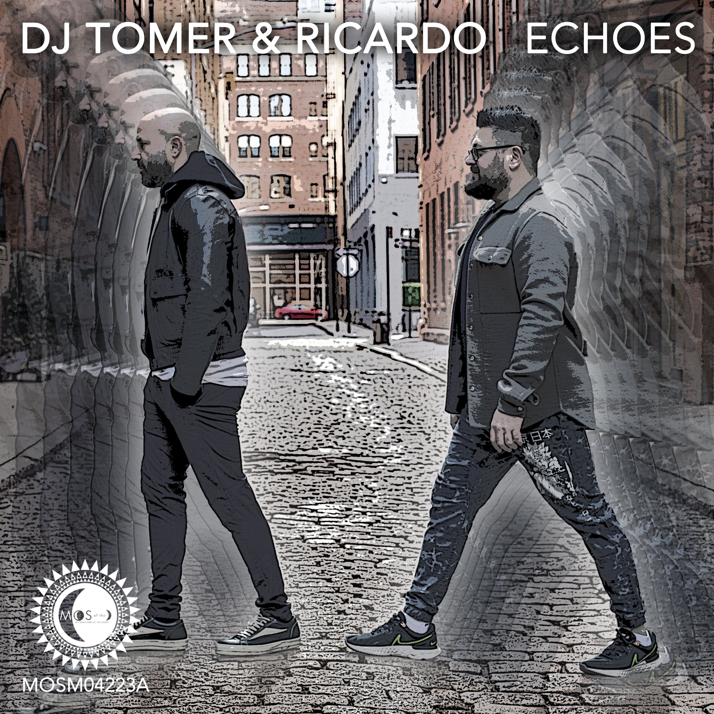An album cover showing two men walking on a cobblestone street in an urban area, with buildings in the background. The text reads "DJ Tomer & Ricardo Echoes" at the top and a logo with text "MOS" at the bottom left.
