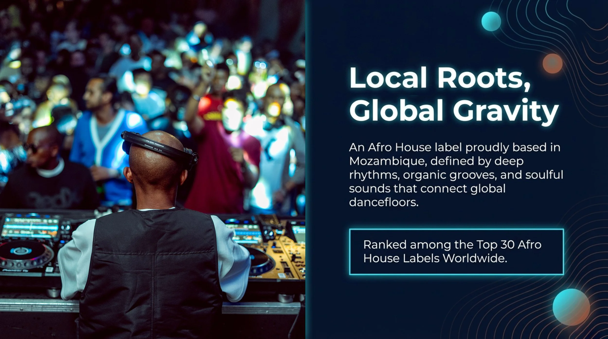 A DJ performs at a dance event with a crowd of people dancing and enjoying the music. The scene is energetic, with vibrant lighting and a lively atmosphere.