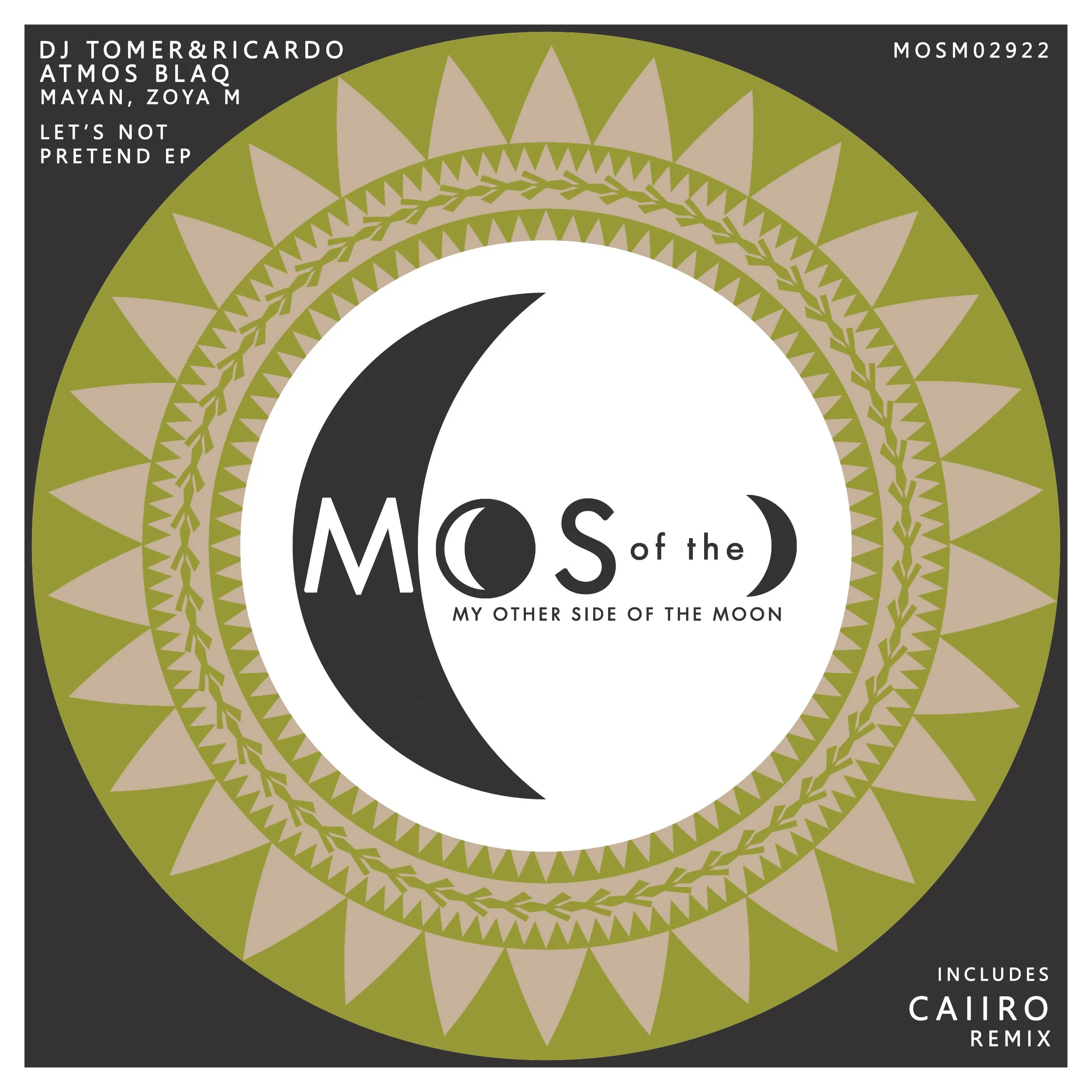 Design featuring a central moon graphic with the words 'Mos of the' and 'My Other Side of the Moon' inside a circular arrangement. Surrounding the moon are layered decorative patterns in green and beige, with black background and white text in the co