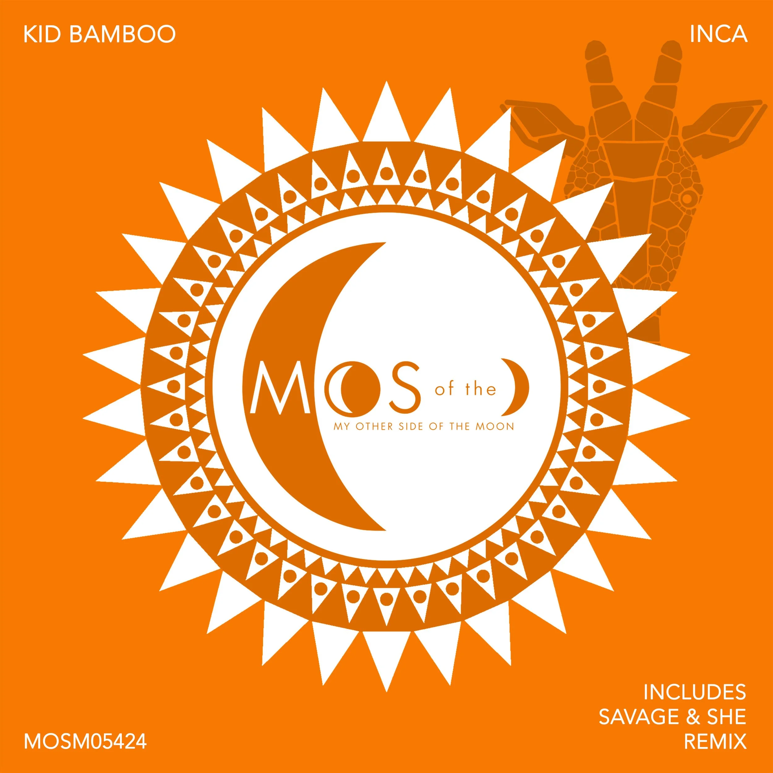 Orange album cover featuring a stylized white crescent moon and text 'M O S of the MY OTHER SIDE OF THE MOON.' Giraffe silhouette in the background and decorative circular border with triangles and dots. Additional text indicates it is by Kid Bamboo,