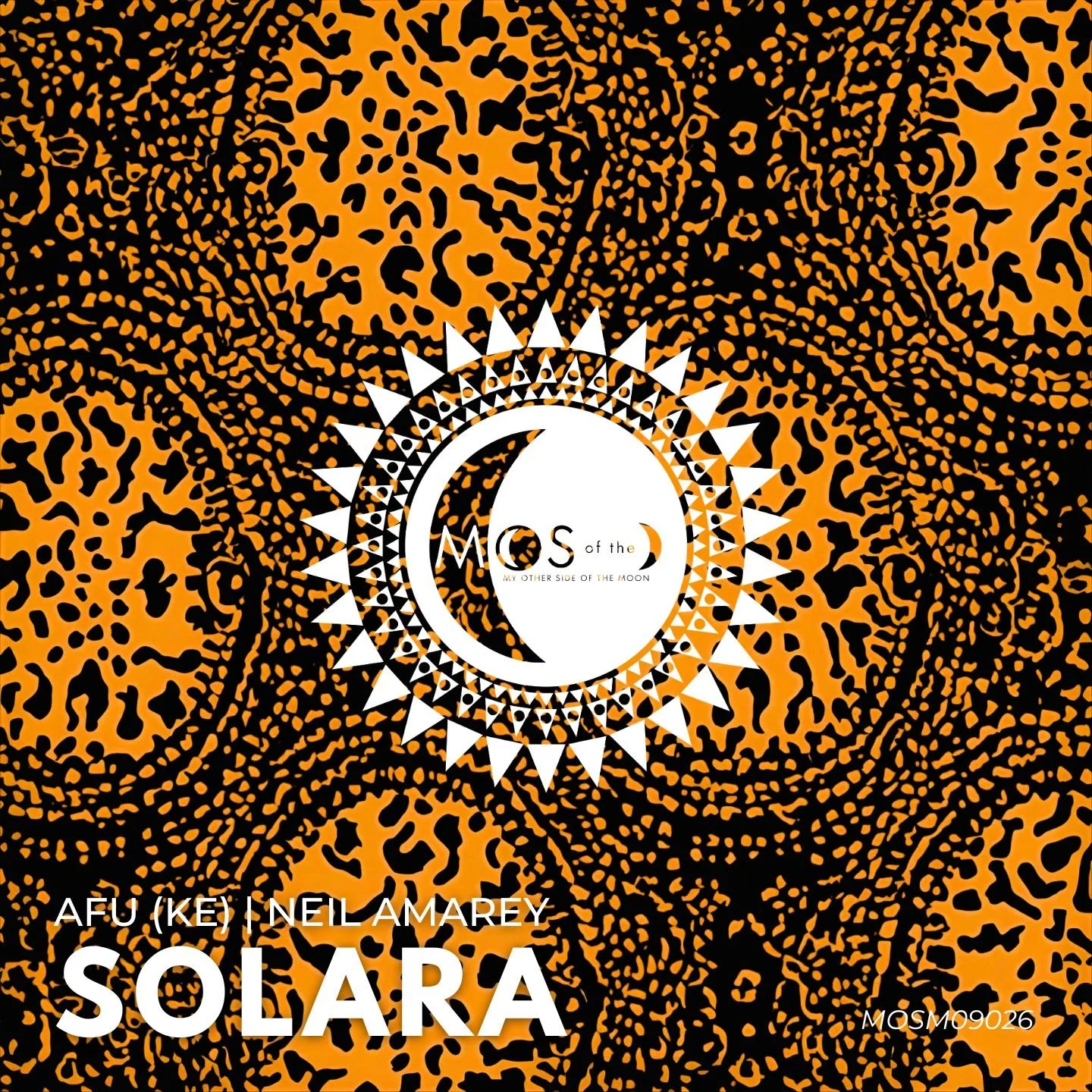 Album cover featuring an intricate black and orange leopard print background with a white circular design at the center, including geometric patterns and moon symbols, text reading 'Mos of the Moon', artist 'AFU KEI | NEIL AMAREY', and title 'SOLARA'