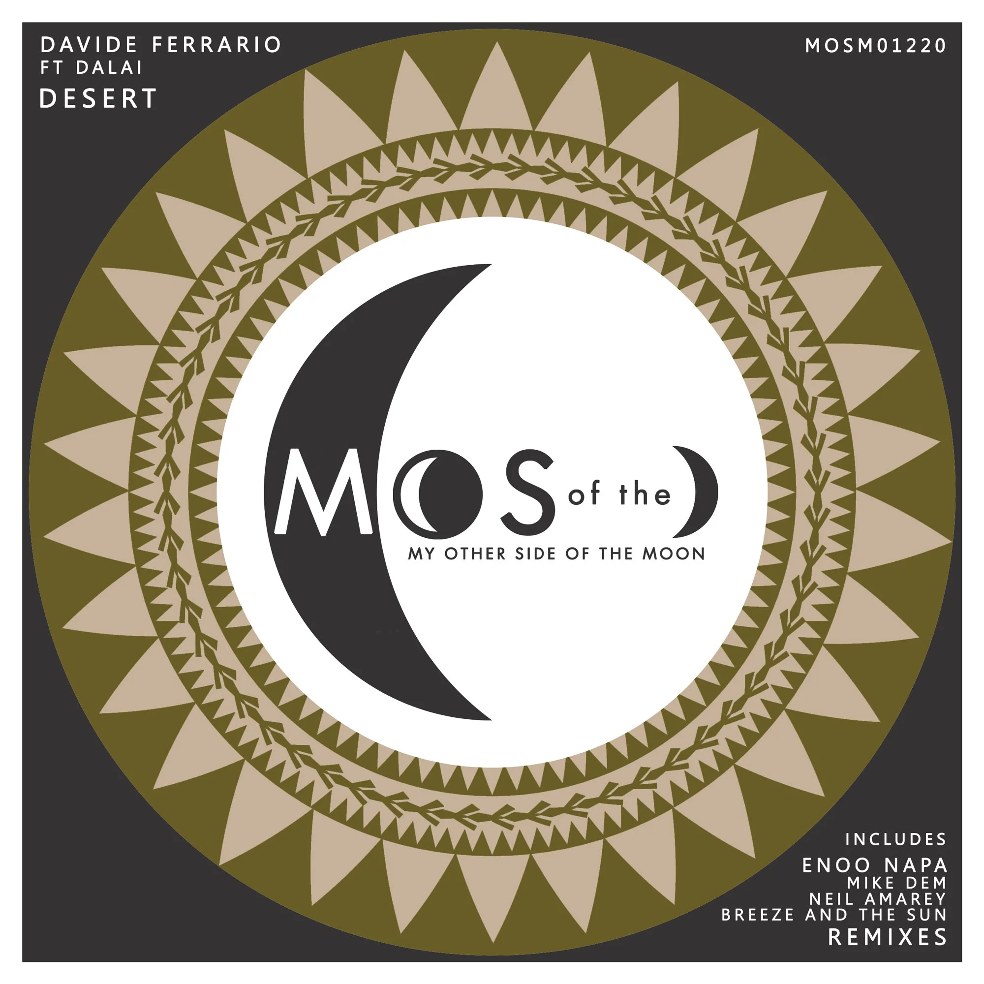 Design of an album cover with a circular pattern in gold and beige, featuring black and white text and crescent moons, and listing artists including Davide Ferrario, Ft Dalai, and others.