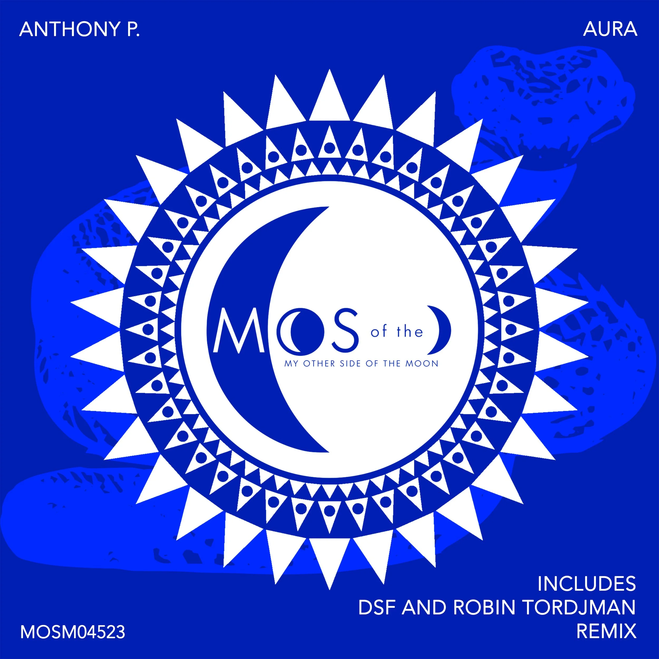 Album cover titled 'Moons of the Moon: My Other Side of the Moon' with a dark blue background, white geometric design resembling a moon and starburst radiating from the center, text indicating artist 'Anthony P.' and remix by 'DSF and Robin Tordjman'