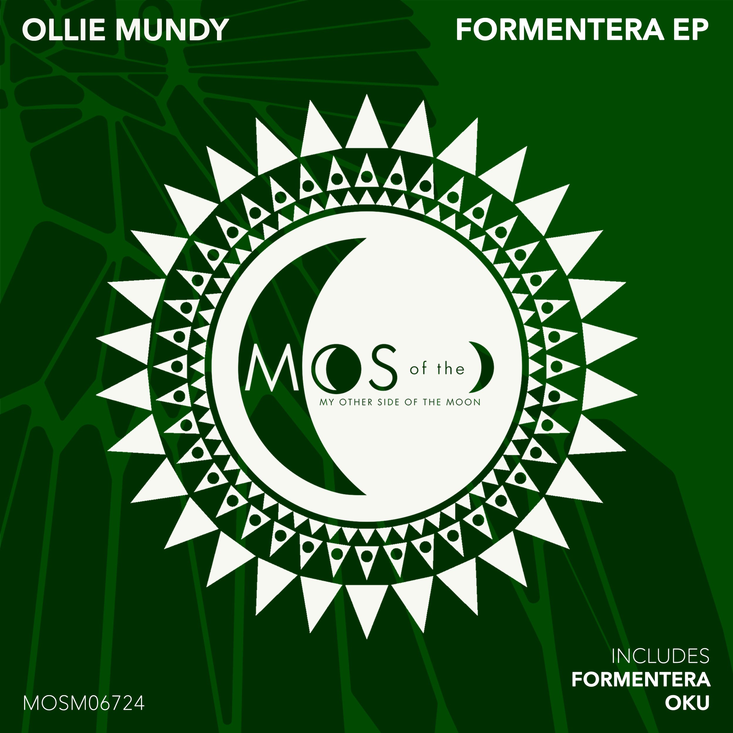 Music album cover titled 'Mos of the Moon' by Ollie Mundy, featuring geometric patterns and crescent moon imagery in white on a green background, with text indicating 'MY OTHER SIDE OF THE MOON' and 'INCLUDES FORMENTERA OKU'.
