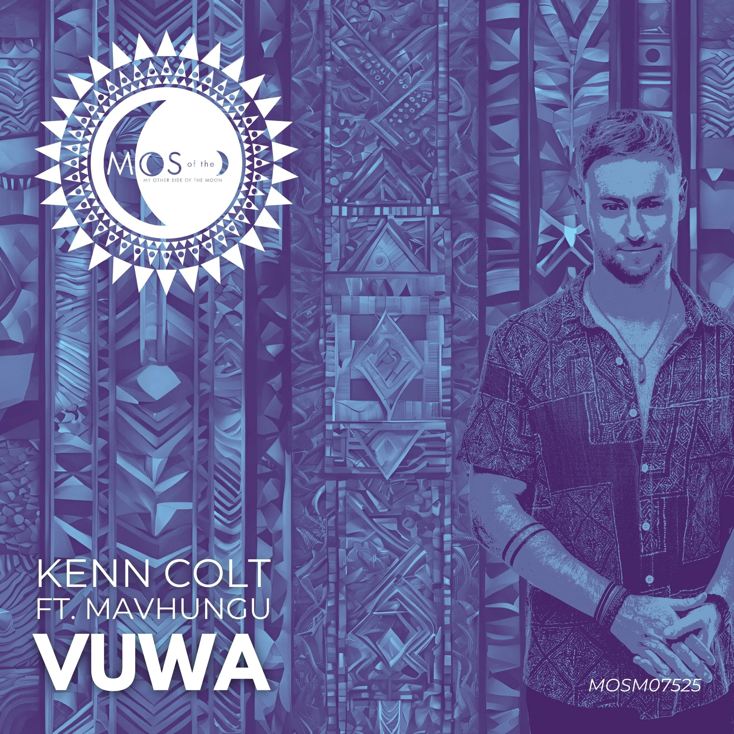 Album cover featuring a man standing in front of an abstract, patterned blue background with a circular logo that says "Moon of the" and "My Other Side of the Moon," with the title "VUWA" and artist names "Kenn Colt ft. Mавhungu."