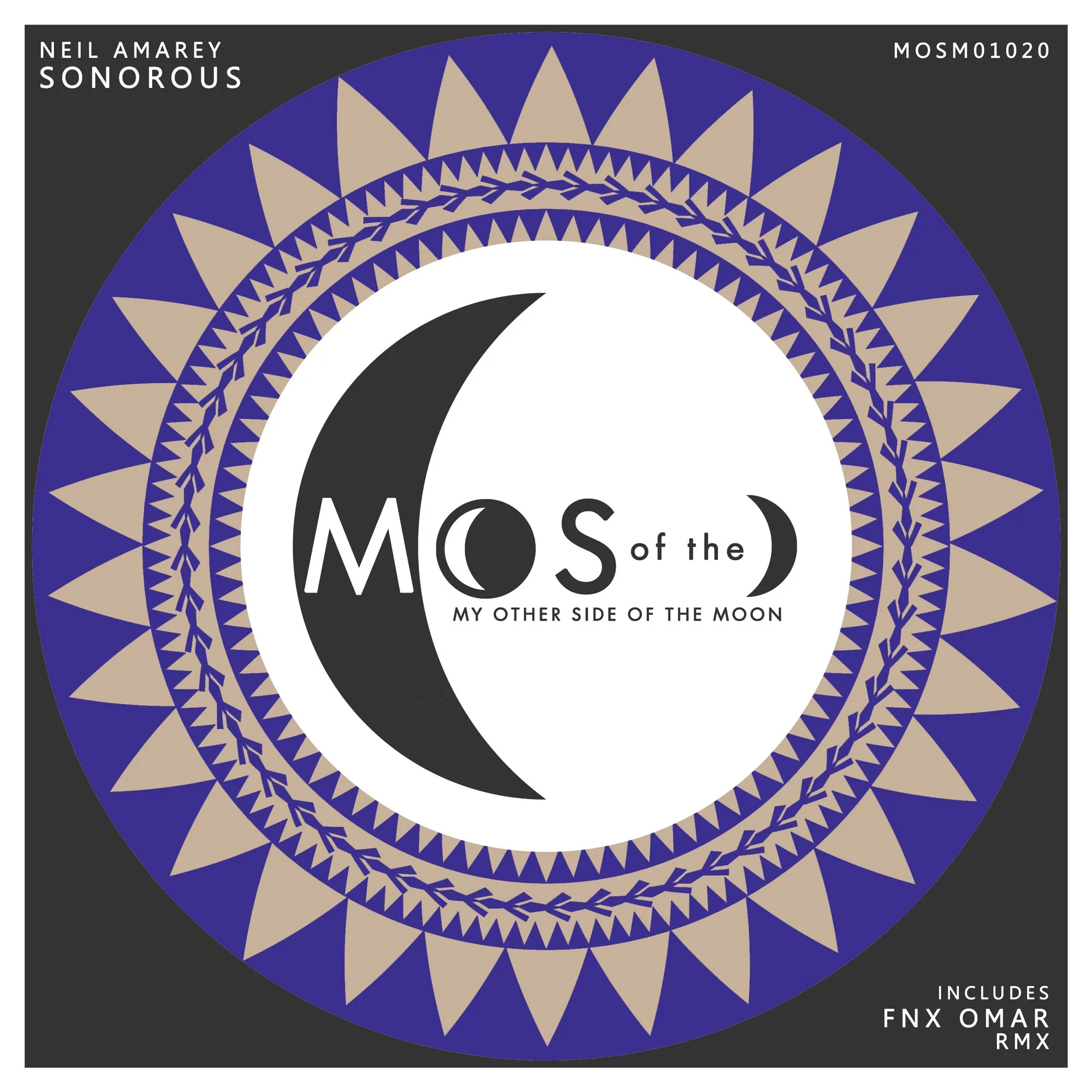 Album cover featuring geometric patterns with moons and text about 'Mos of the Moon,' including artist Neil Amarey Sonorous and additional tracks by FNX Omar and RMX.