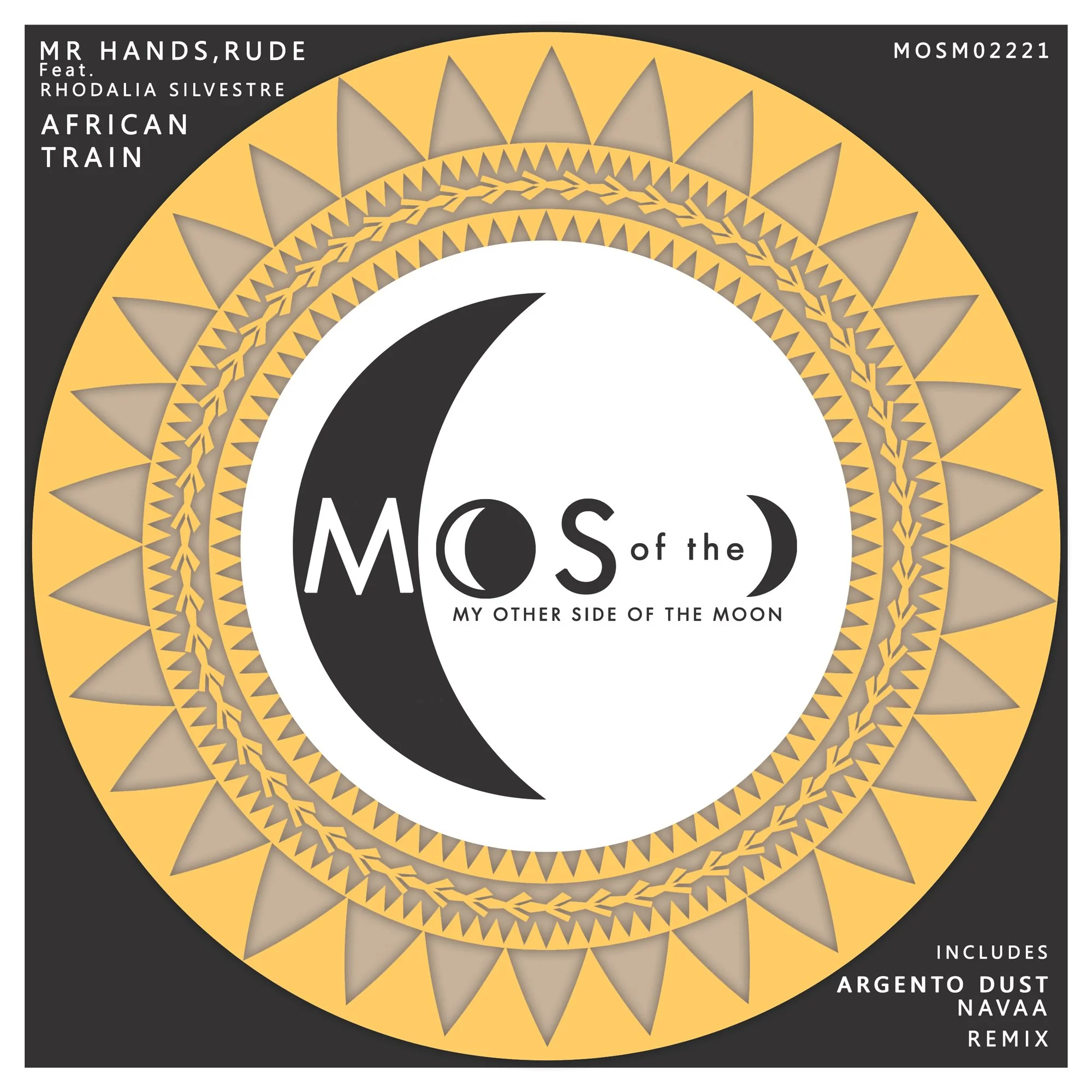 Album cover with black, white, yellow, and gray geometric patterns. Features the title 'MOS of the MY OTHER SIDE OF THE MOON' and mentions includes Argent DUST, NAVAA, and REMIX.
