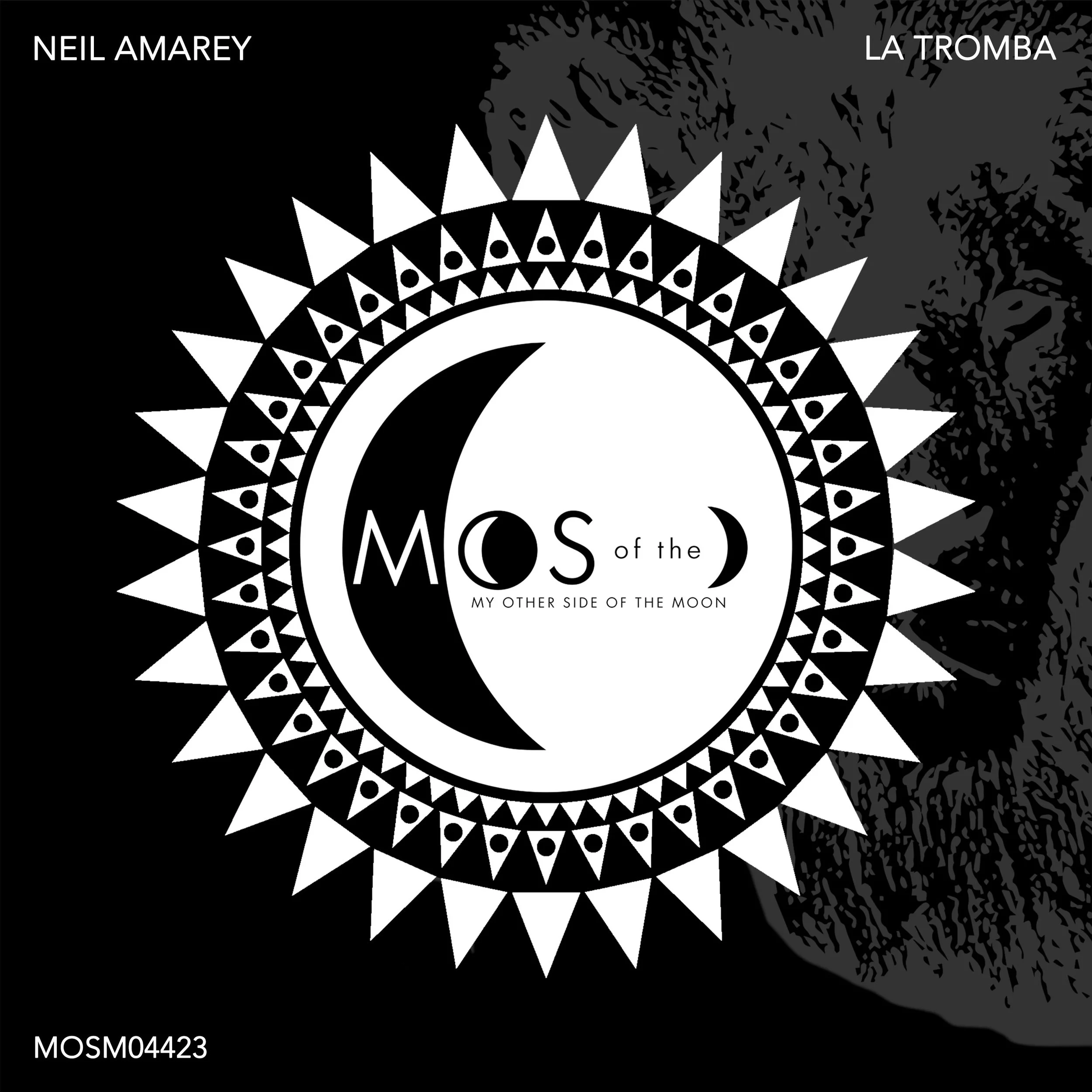 Album cover art for Neil Amarey's 'Mos of the Moon,' featuring a black and white circular lunar design with geometric patterns and text, set against a dark background.