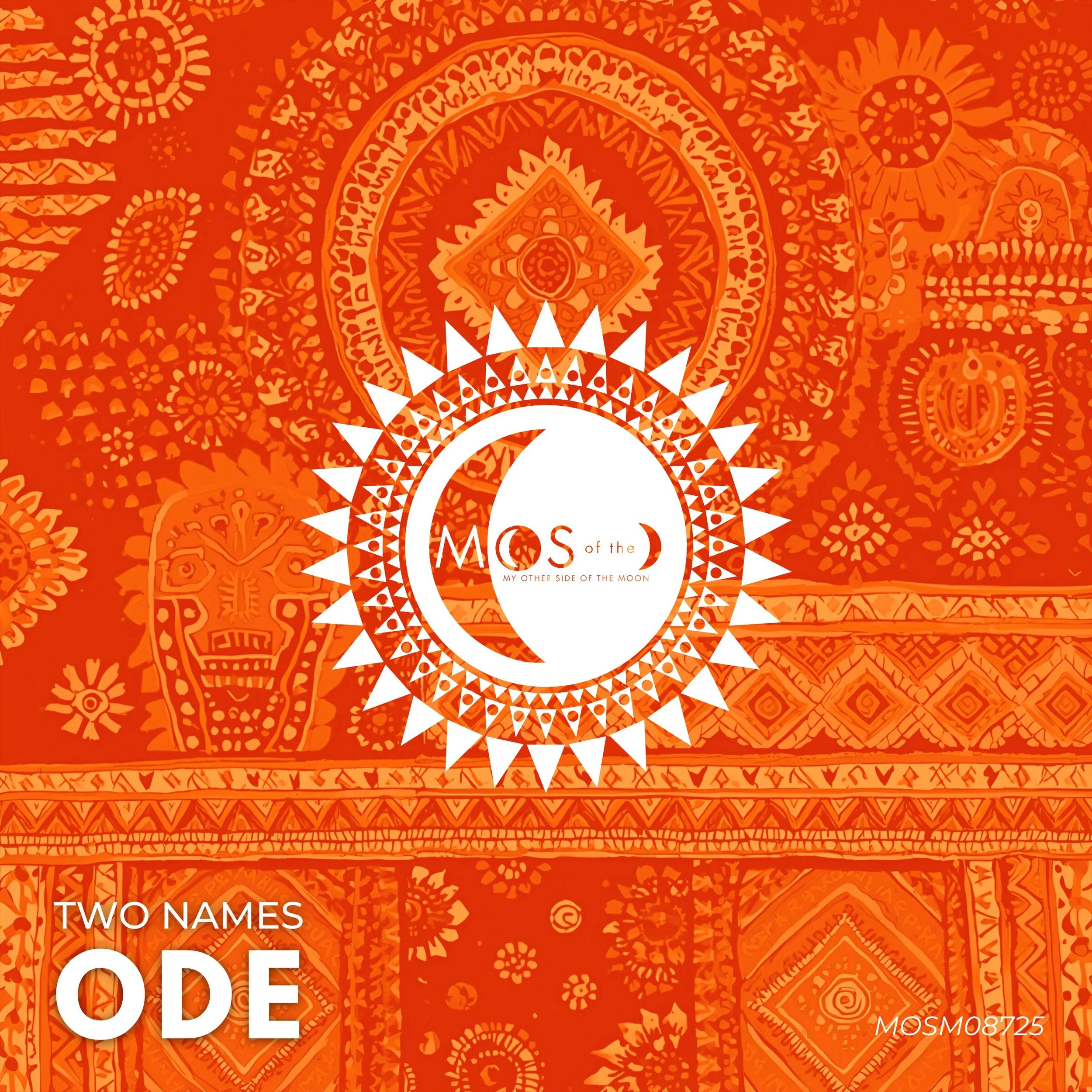 A vibrant orange background with intricate traditional or tribal patterns and symbols. In the center, there is a white circular design with a crescent moon and the words 'mos of the MY OTHER SIDE OF THE MOON.' The bottom left corner features the text