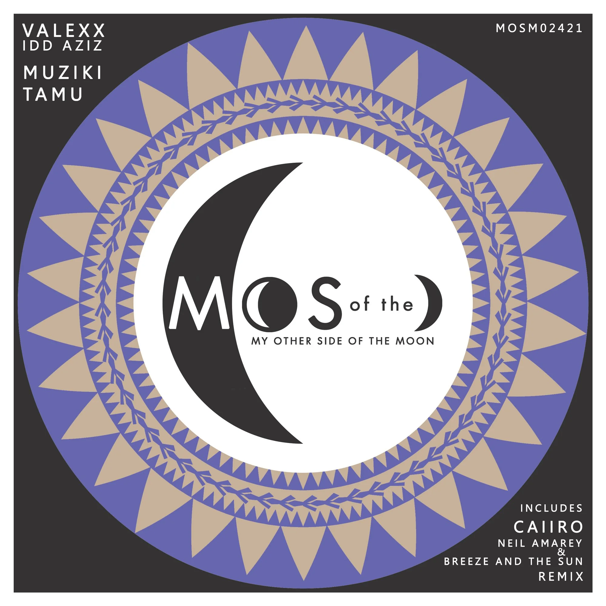 Album cover with a black background and a large stylized moon phase graphic in the center, surrounded by intricate geometric gold and purple patterns. Text on top-left mentions Valexx, IDD AZIZ, Muziki, Tamu; top-right displays MOSM02421. Center text