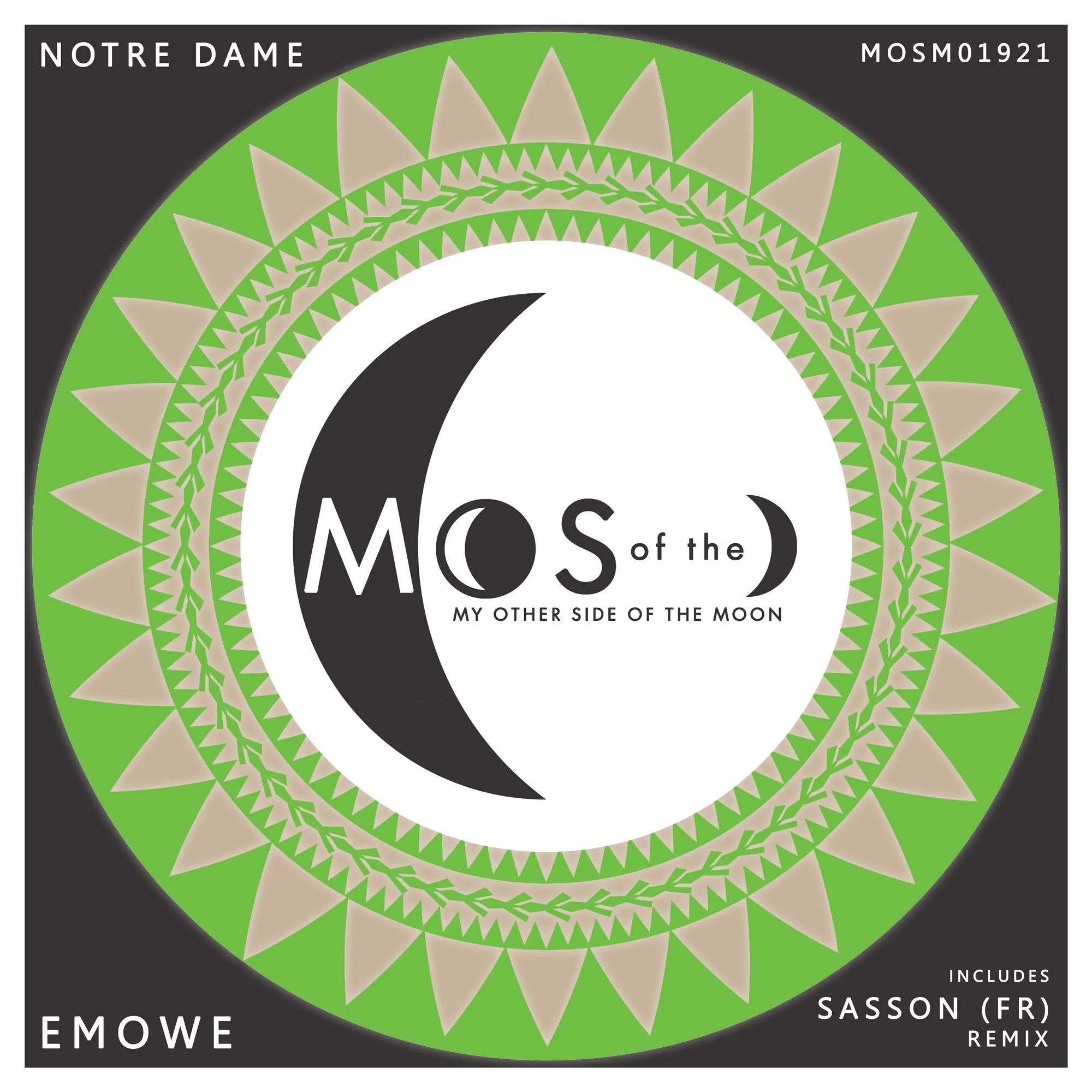 Album cover featuring a green and beige geometric circular design with a black crescent moon and the words 'Mos of the My Other Side of the Moon' in the center; black background with white text.
