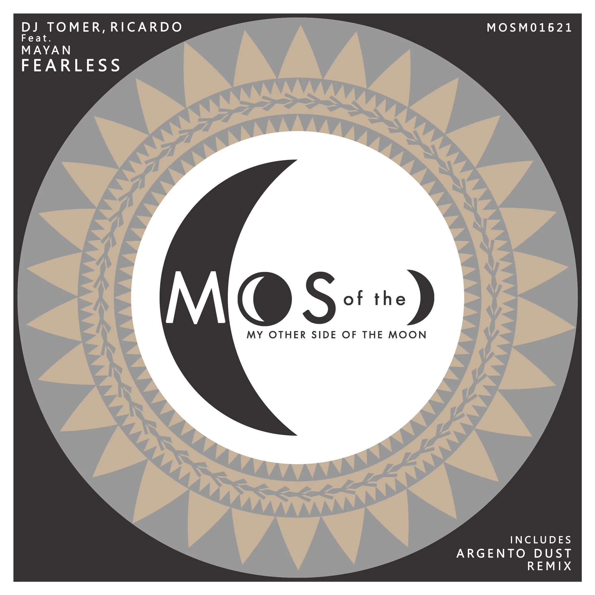 Music album cover with a black and white crescent moon graphic in the center, surrounded by tan and gray geometric patterns. Text on the cover says 'Mos of the My Other Side of the Moon,' with credits to DJ Tomer, Ricardo, featuring Mayan Fearless, a