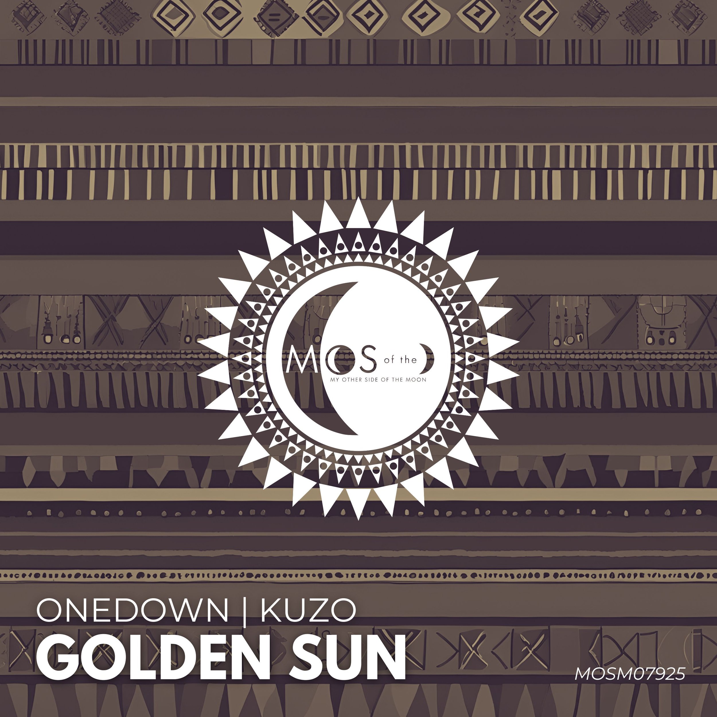 Album cover art for 'Golden Sun' by Onedown and Kuzo, featuring a stylized celestial design with a moon and sun motif, and geometric patterns in neutral tones.