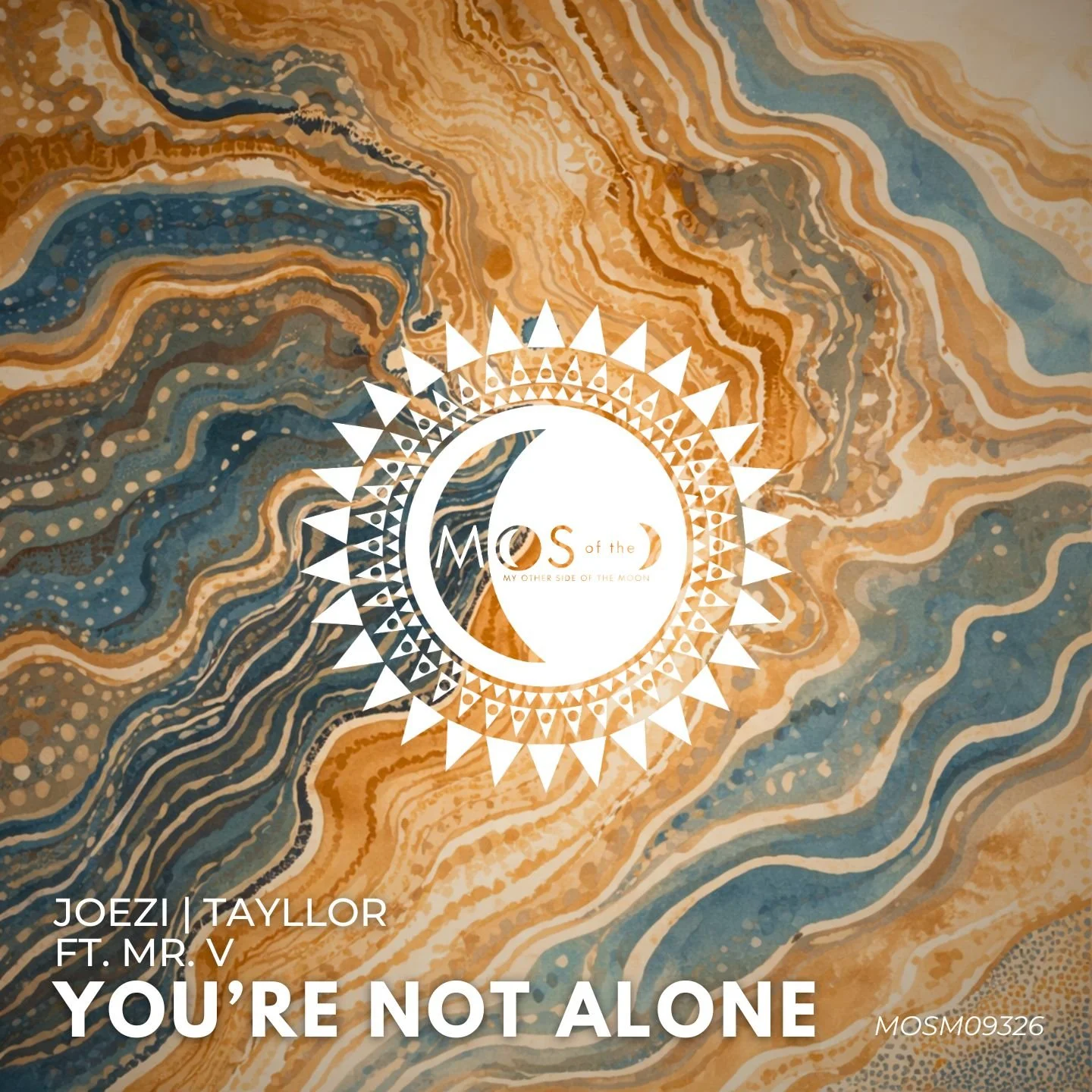 Abstract marbled background with shades of blue, orange, and tan, overlaid with a white geometric moon and sun design, and text including the song title 'You're Not Alone' by Joezi and Mr. V.
