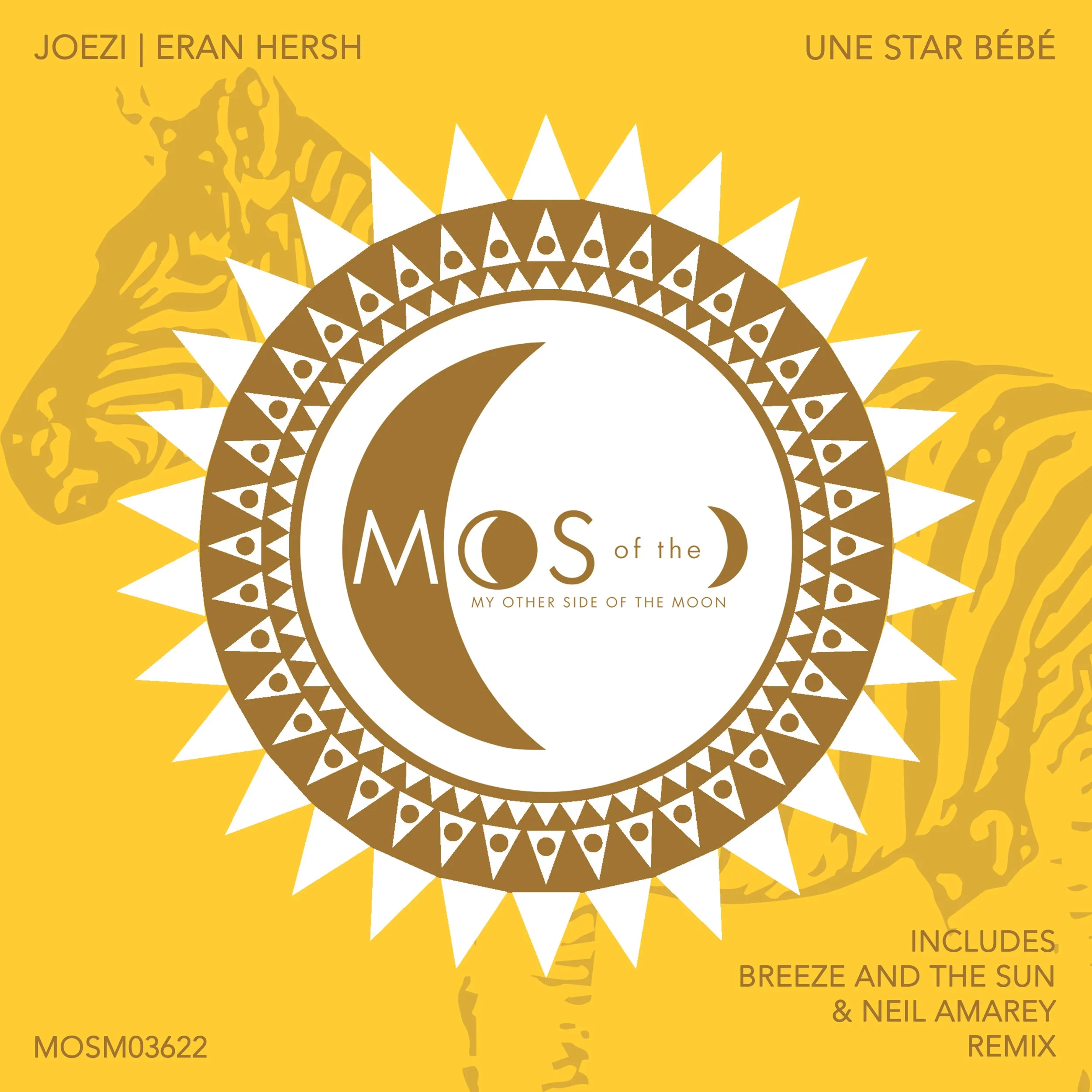 Music album cover titled 'MOs of the Moon: My Other Side of the Moon' with a yellow background, featuring a brown and white crescent moon and a starburst design, with a subtle tiger illustration in the background. Includes text about the album and re