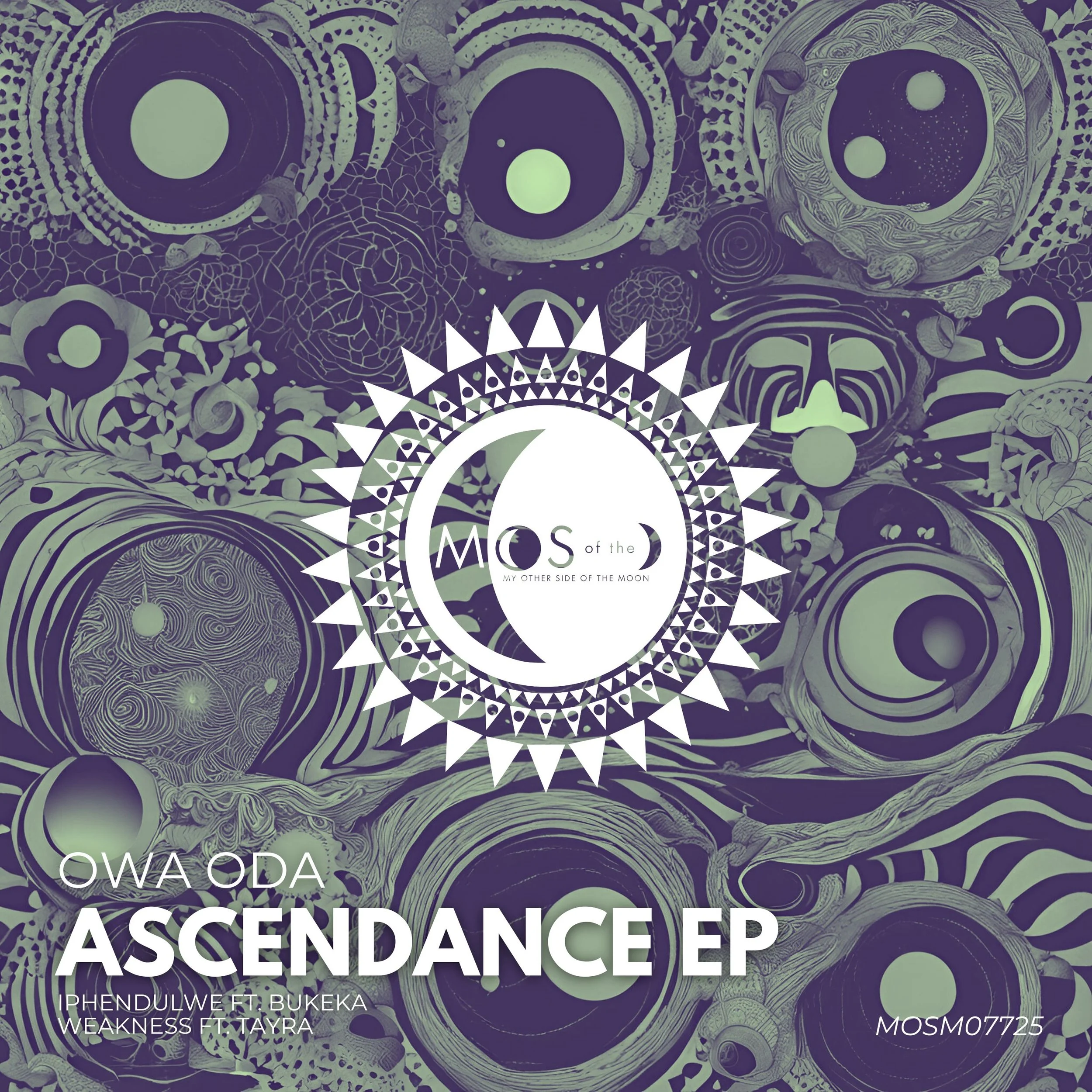 Album cover for MOS of the Moon's 'Ascendance EP', featuring an abstract, cosmic-themed background with spirals and circles, and a central design with a crescent moon and geometric patterns.