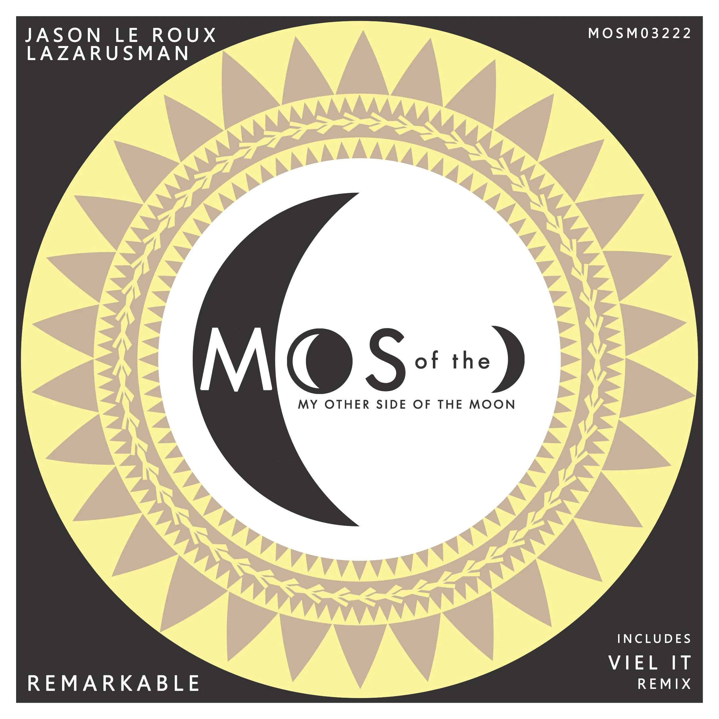 Album cover for "Mos of the" by Jason Le Roux and Lazarusman, featuring a large black crescent moon with smaller moon shapes inside, set against a yellow background with decorative patterns and black borders.