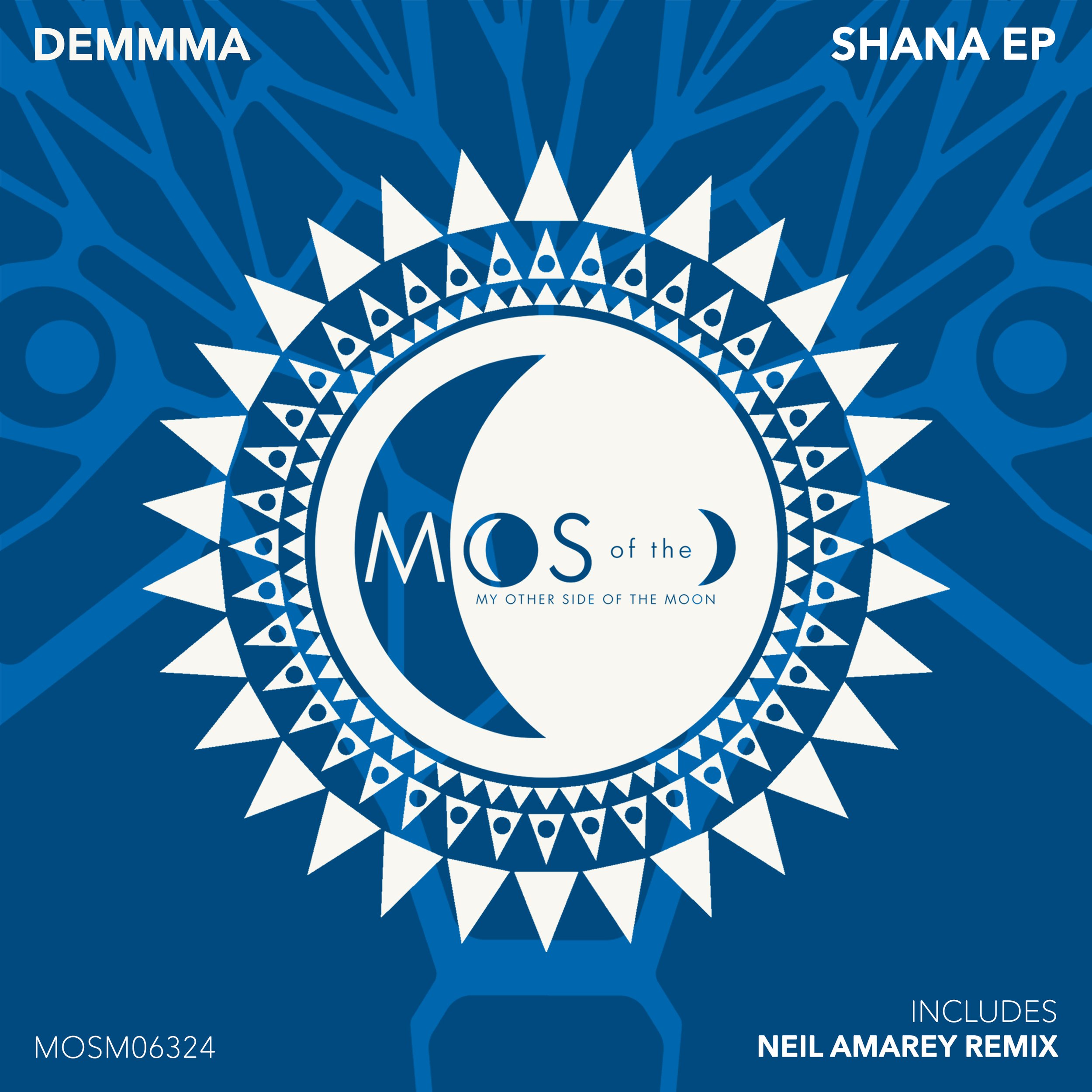 Blue and white album cover with a crescent moon design in the center, featuring the text 'Moons of the Moon' and 'My Other Side of the Moon'. The corners display the names 'DEMMA' and 'SHANA EP'. The background has a geometric pattern resembling a he