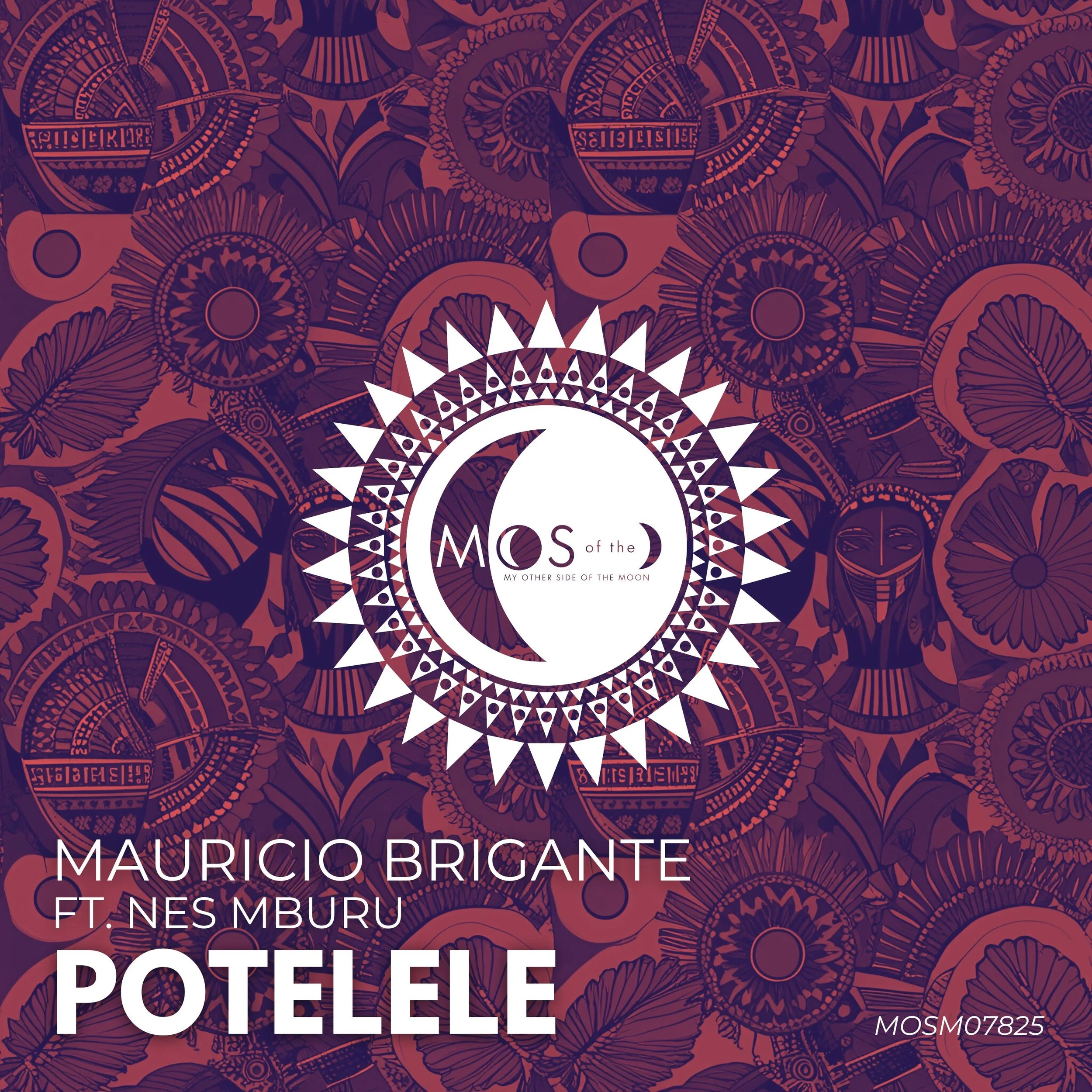 Album cover for "Potele" by Mauricio Brigante featuring Nes Mburu. The background features intricate, stylized floral and cultural patterns in purple and orange hues. The center displays a circular logo with a crescent moon and the word "Mos" inside,