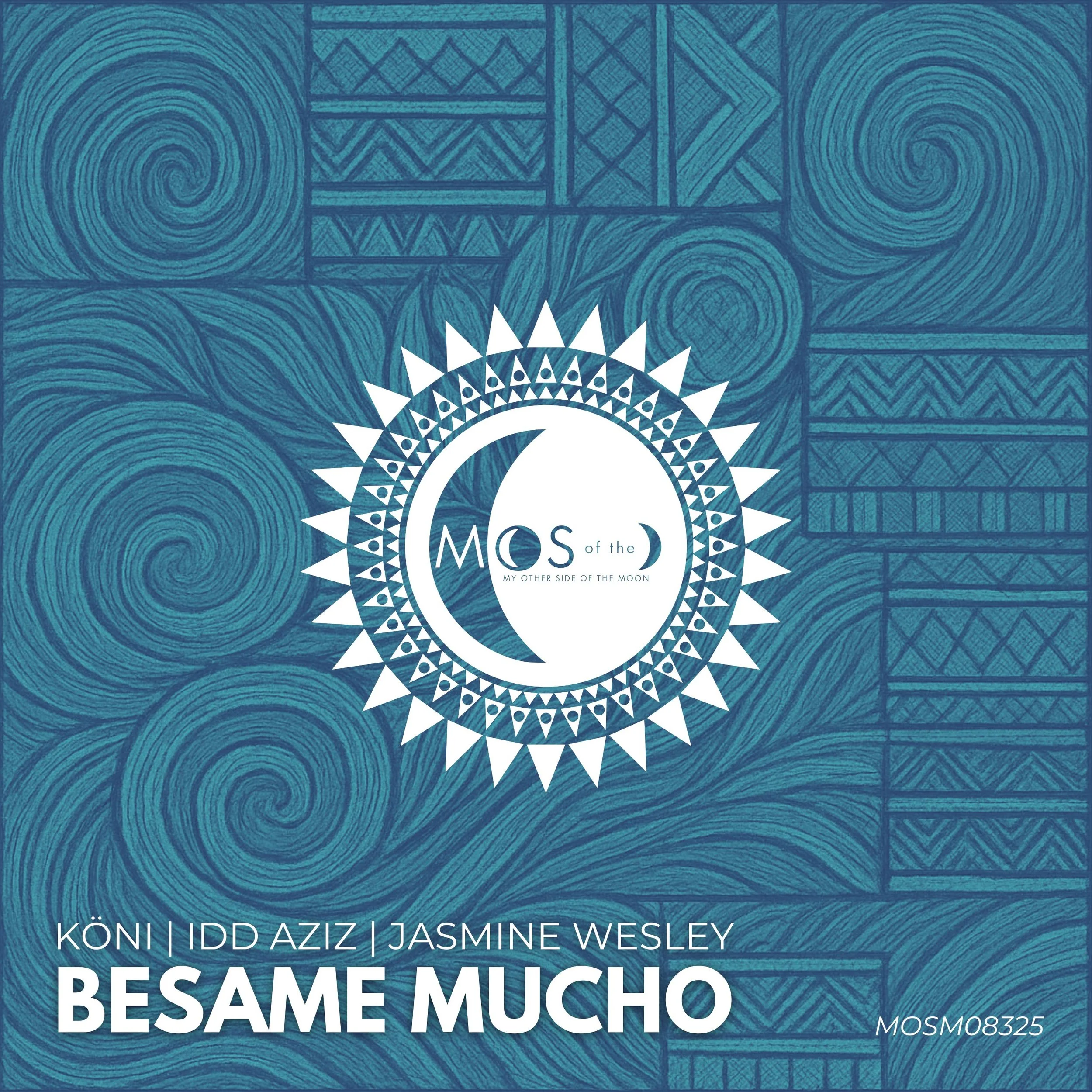 Album cover for 'Besame Mucho' by Kón I Idd Aziz and Jasmine Wesley, featuring a blue background with swirling patterns and a white circular logo with a crescent moon and star design in the center.