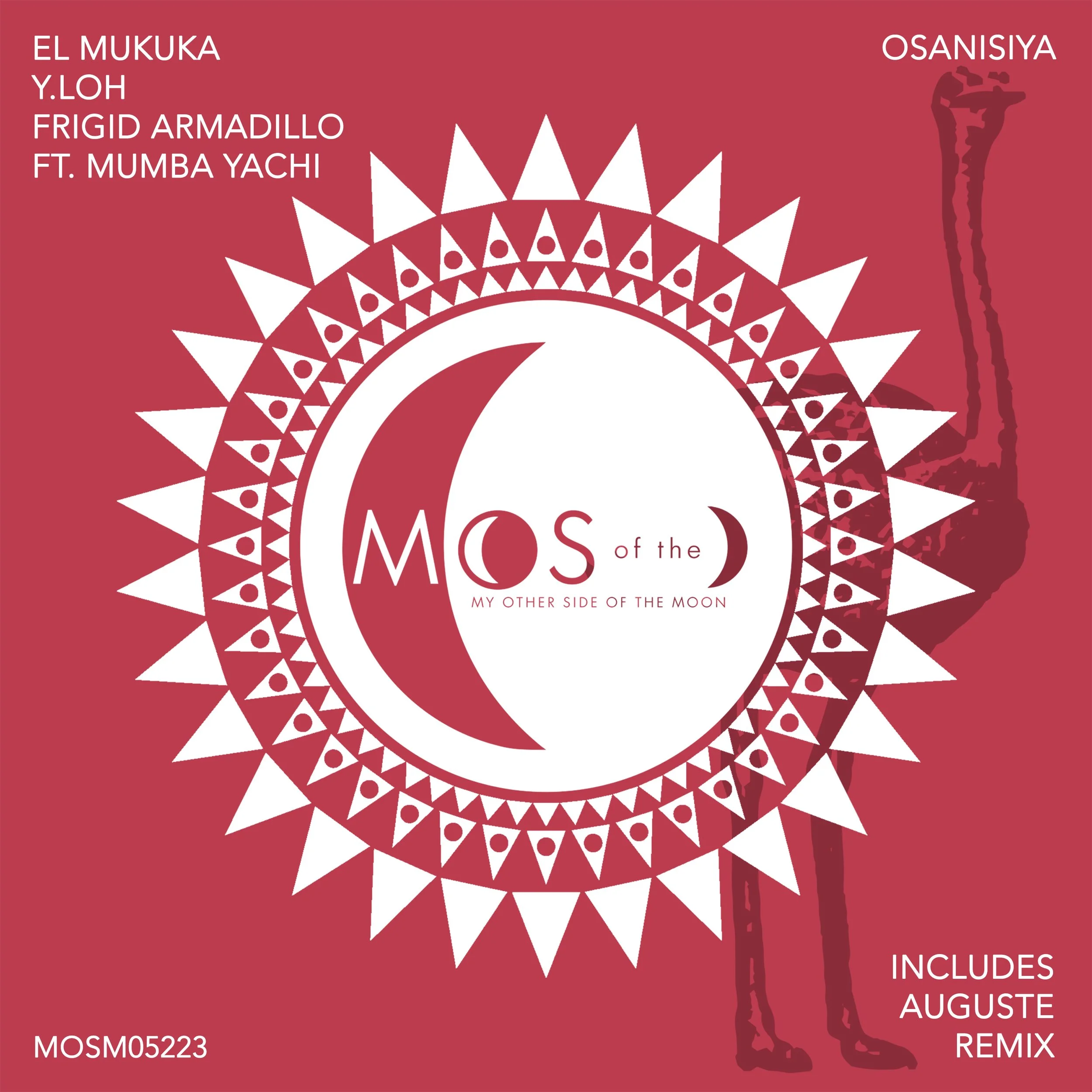 Music album cover titled 'Mos of the Moon' features a red background with geometric white and red circular designs resembling the phases of the moon. Text lists songs and artists, including 'El Mukuka, Y. Loh, Frigid Armadillo, Ft. Mumba Yachi,' and 