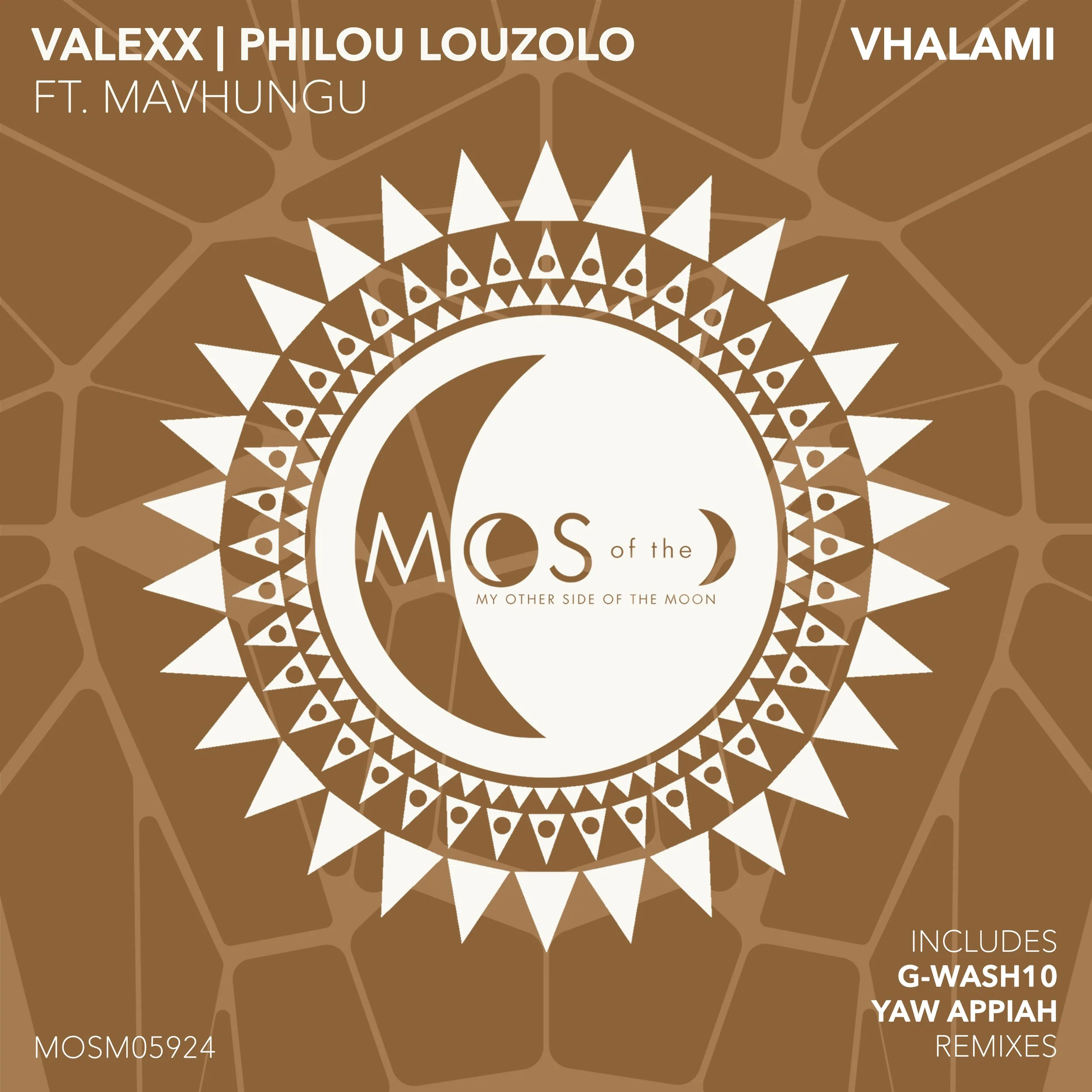 Music album cover titled 'Mos of the Moon: My Other Side of the Moon' featuring geometric design with a crescent moon and circular patterns, in shades of brown and white.