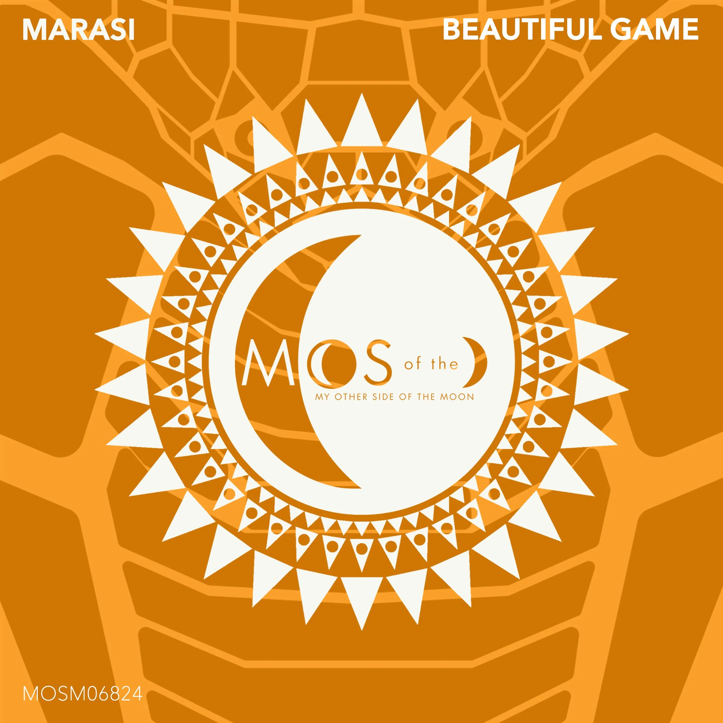 A graphic design with a central circle featuring the phrase 'Moons of the Moon' and a crescent moon symbol. Surrounding the circle are decorative triangular patterns and the background has a stylized, geometric grape motif in shades of orange. Text a