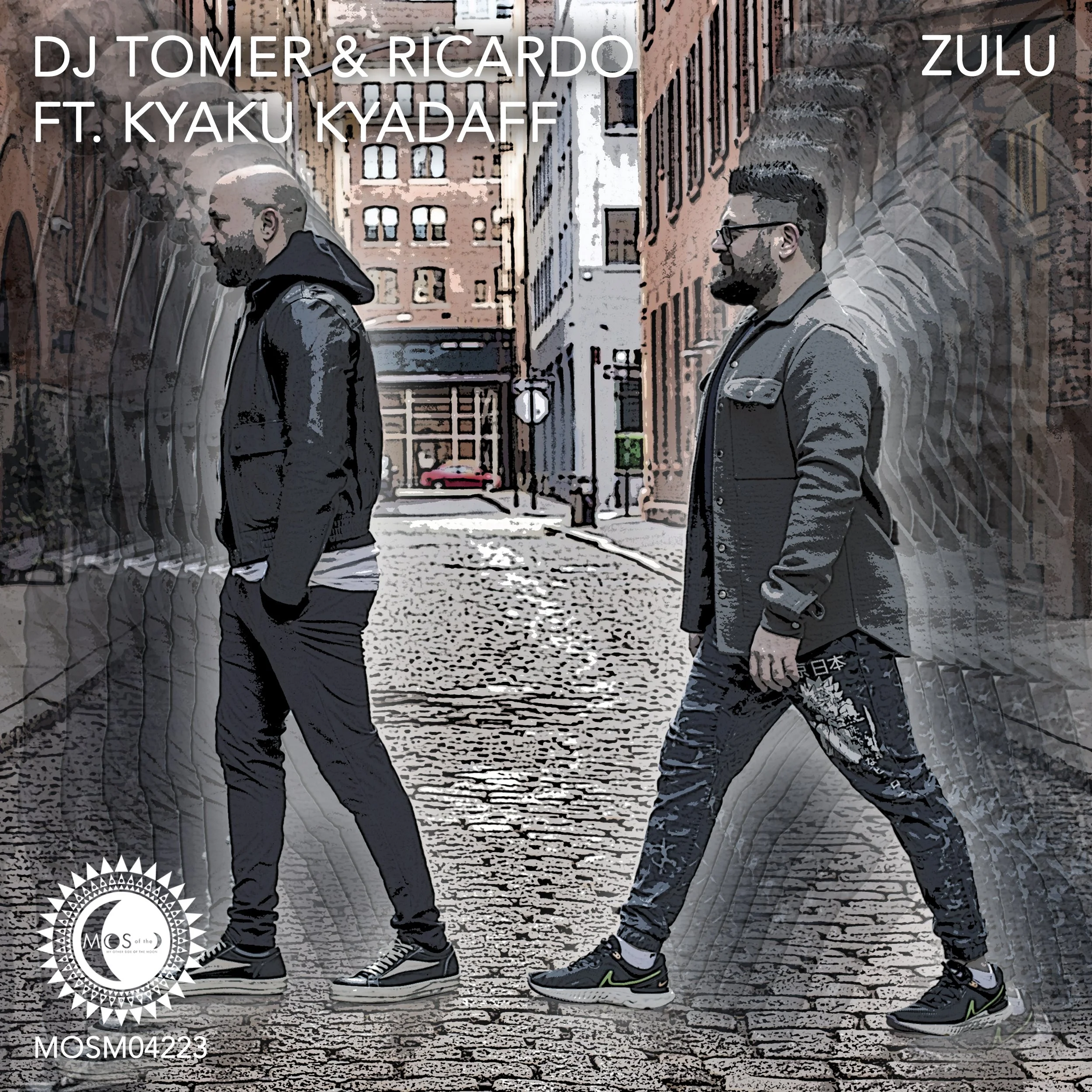Two men walking on a cobblestone city street with tall brick buildings in the background, overlaid with promotional text for a music release featuring DJ Tomer, Ricardo, Kyaku Kyadaff, and Zulu.