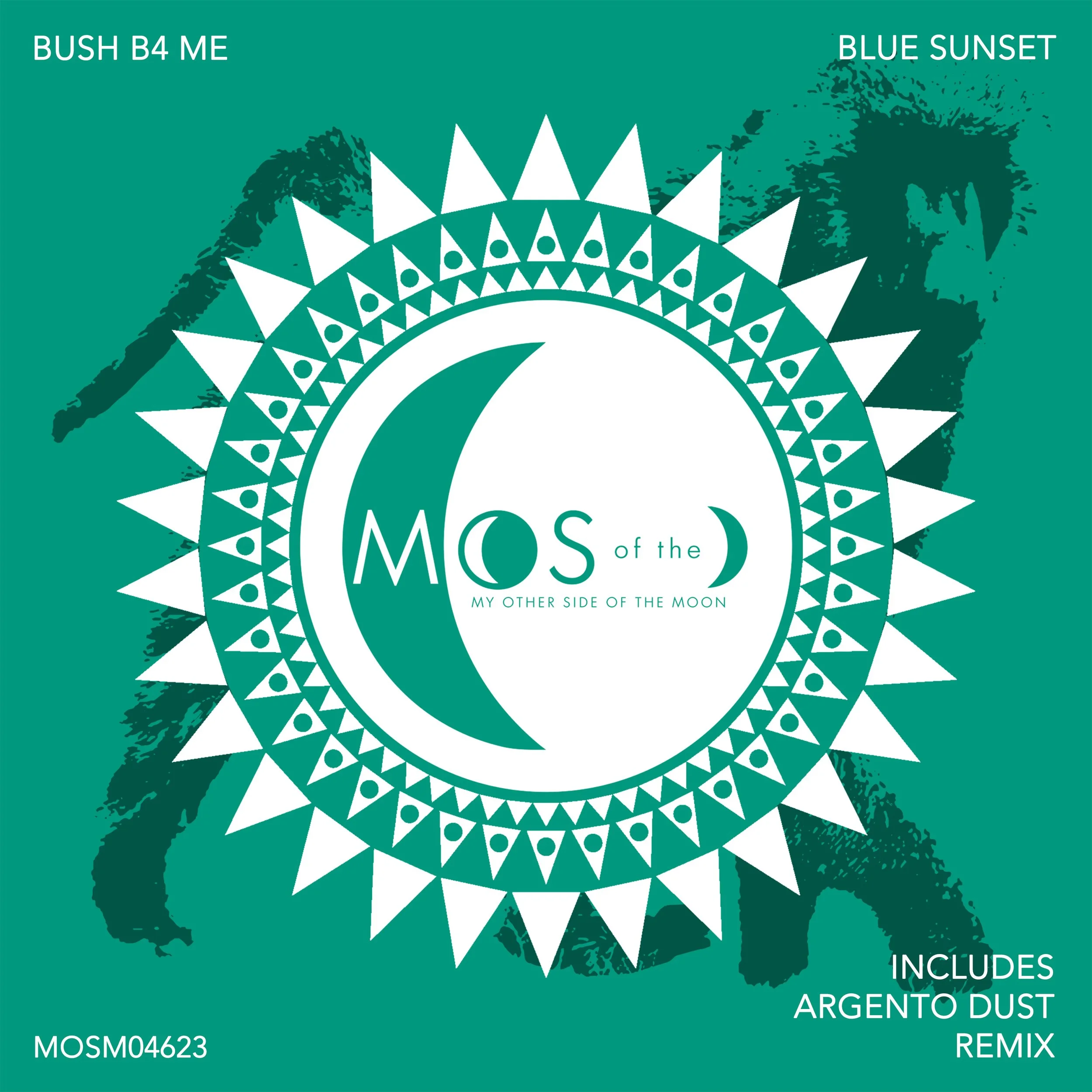 Graphic design with a teal background, white geometric circle with triangle and dot patterns, a crescent moon, and text about 'Moss of the Moon,' featuring band names BUSH B4 ME and BLUE SUNSET.