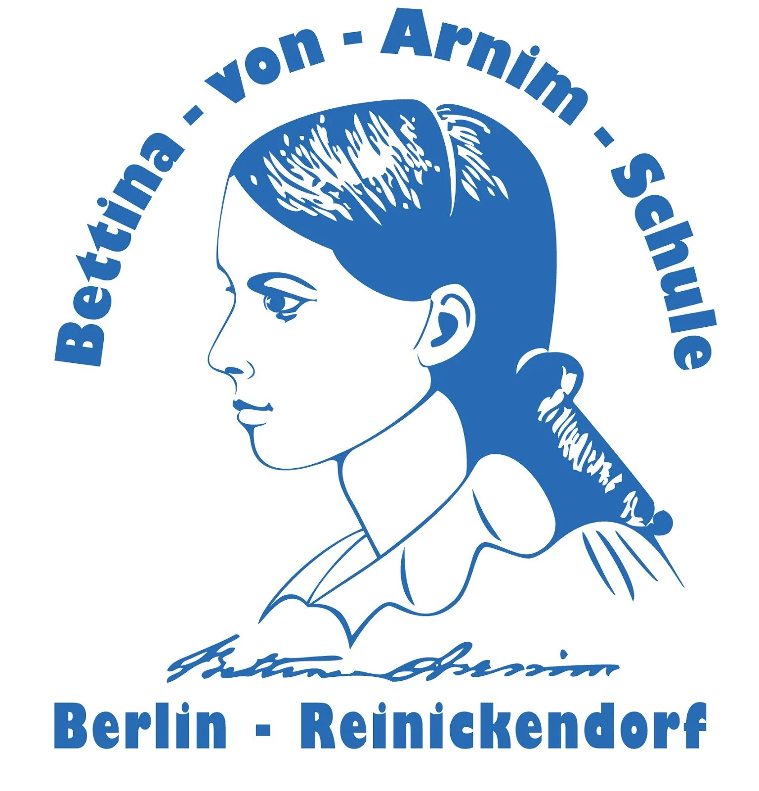 Blue illustration of a girl in profile, with text around her head reading 'Bettina - von - Arnim - Schule.' Text below reads 'Berlin - Reinickendorf.'