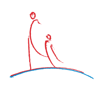 Simplified line drawing of two abstract human figures, one taller and one shorter, standing on a curved blue line.