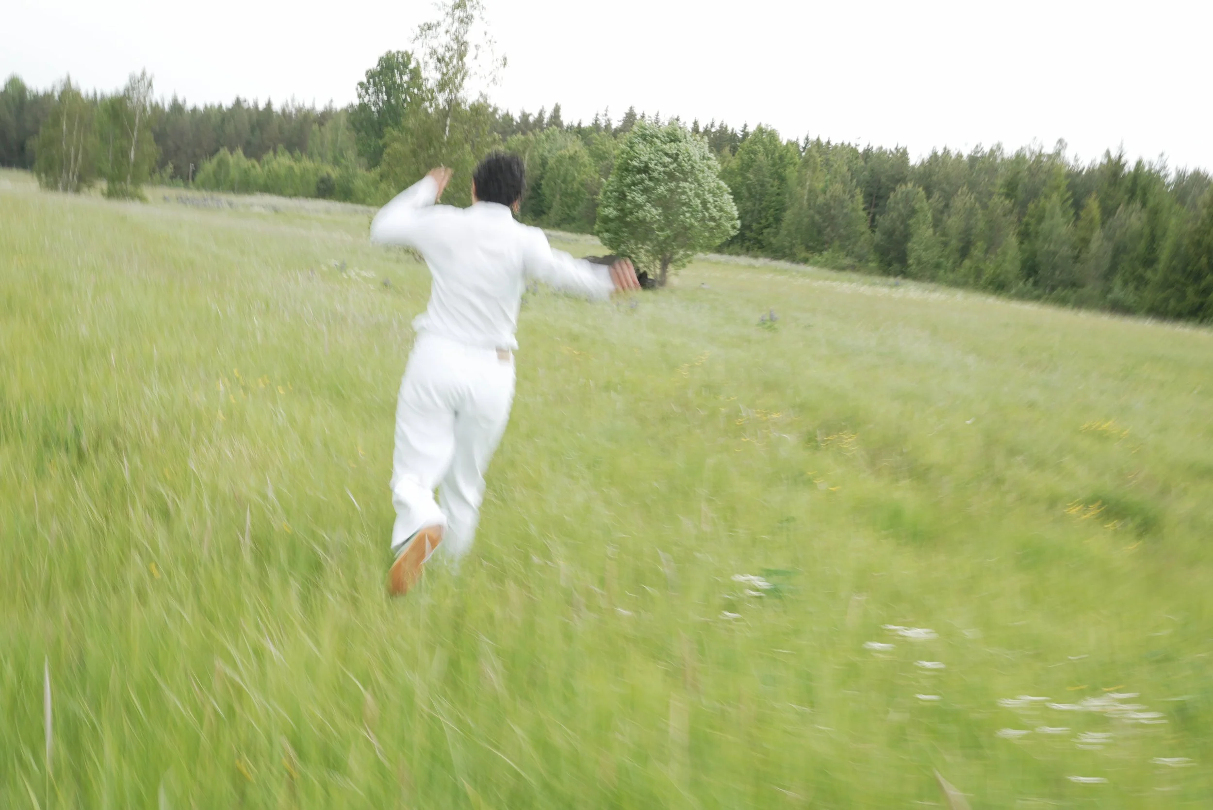 Person running through a grassy field toward a tree with a forest background. House dancer, Hip Hop dancer, contemporary dancer,