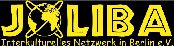 JOLIBA logo with a globe and antennae, yellow text on a black background, including German words 'Interkulturelles Netzwerk in Berlin e.V.'