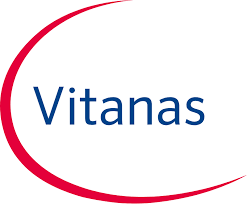 Vitanas logo with red curved line and blue text on a white background.