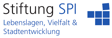Logo for Stiftung SPI with blue cross symbol and German text about life circumstances, diversity, and urban development.