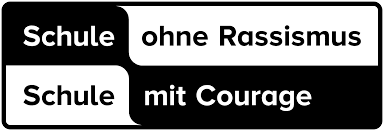 Black and white graphic with German text about school and courage, including phrases 'Schule ohne Rassismus' and 'Schule mit Courage'.