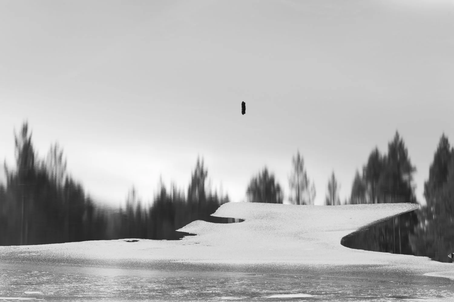 A snow-covered landscape with a forest in the background and a single figure or object falling from the sky in the distance.