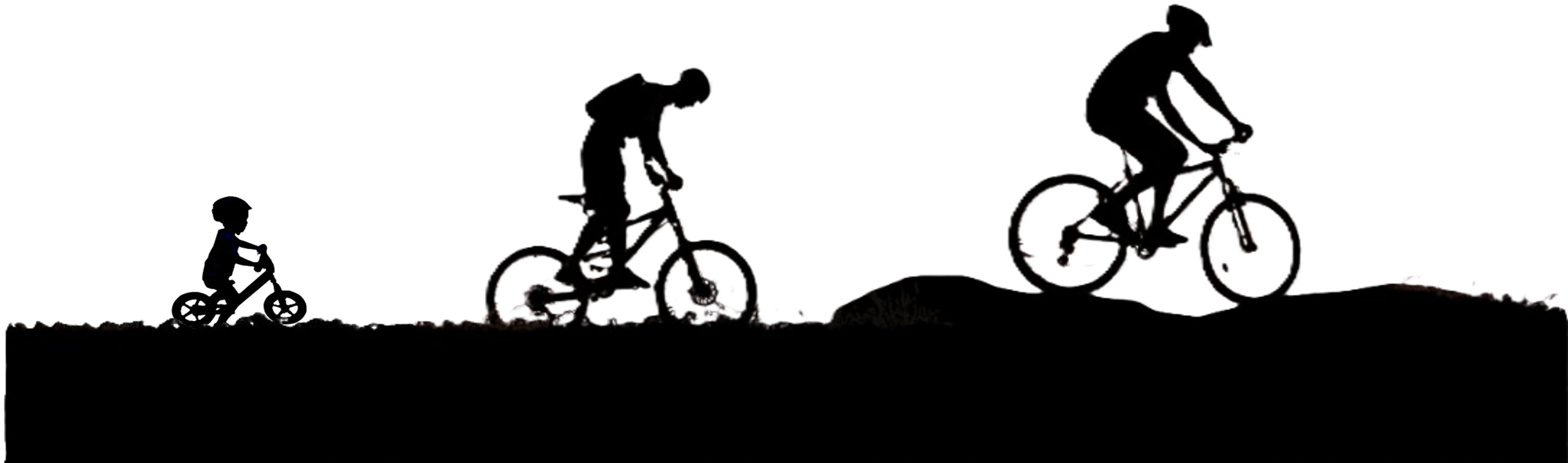 Silhouettes of three people riding bicycles including a young child riding a tricycle on a trail with rocks and elevated terrain
