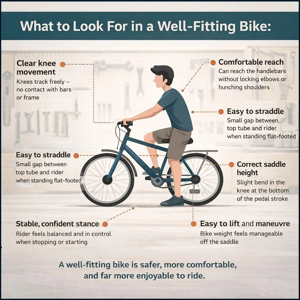 Infographic titled 'What to Look For in a Well-Fitting Bike' with illustrations of a man on a bicycle, highlighting key features: clear knee movement, comfortable reach, easy to straddle, correct saddle height, stable stance, and easy to lift and maneuver. Each feature is accompanied by descriptive text explaining its importance for a well-fitting bike.
