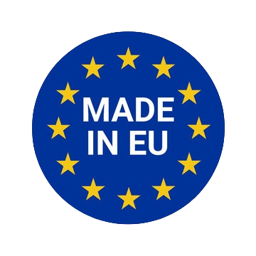 Runder Aufkleber mit blauer Hintergrund, roten und gelben Sternen, und der weißen Aufschrift "Made in EU" in der Mitte.