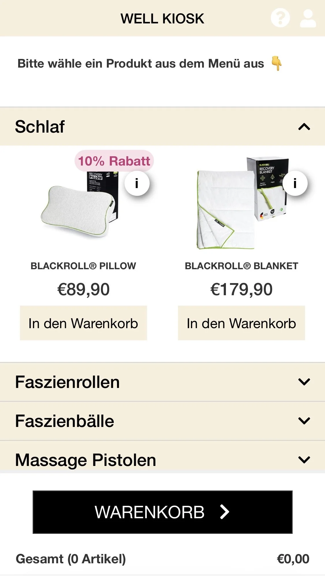 Ansicht des Online-Shops mit verschiedenen Produktkategorien und der Option Produkte in den Warenkorb zu legen.