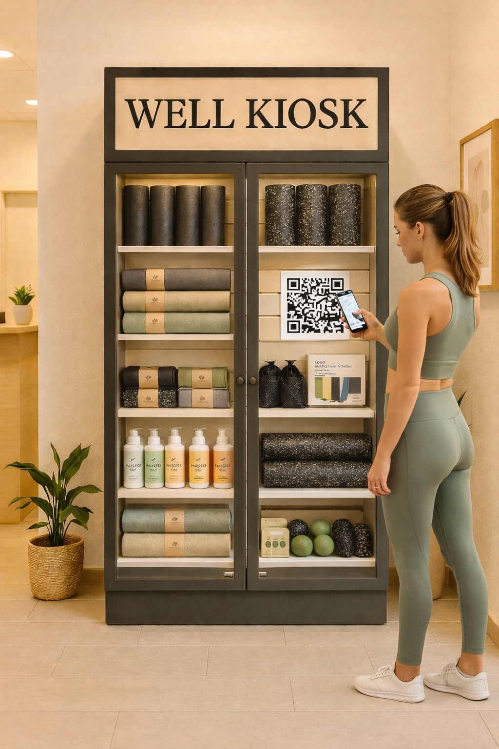 Sportlich gekleidete Frau steht vor dem Verkaufsschrank und scannt QR-Code