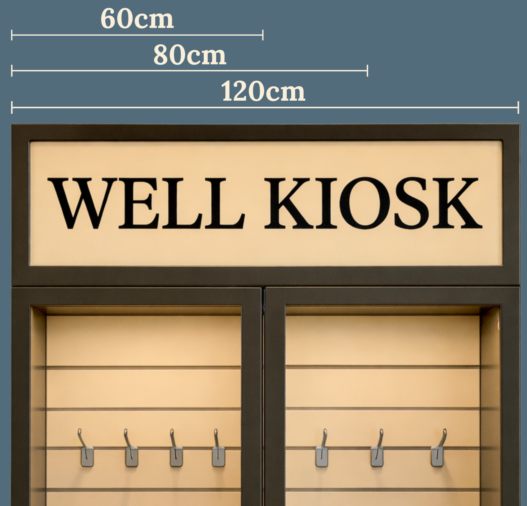 Oberer Teil eines WELL KIOSK ist mit den Angaben 60cm, 80cm und 120cm zu sehen. Das Bild stellt die verfügbaren Größen des WELL KIOSK dar.