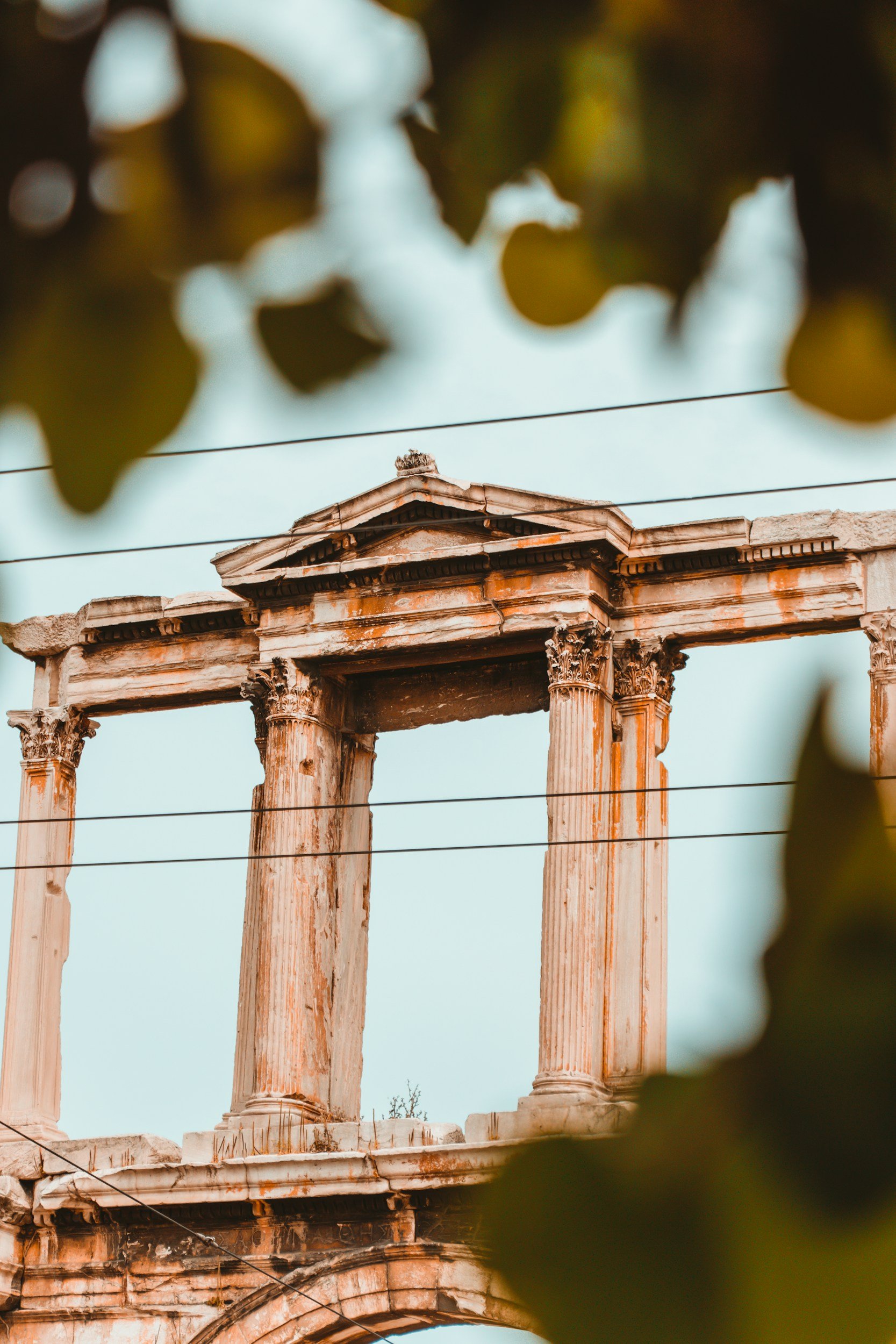 Photograph of ruins of an ancient Greek or Roman building with columns, seen through blurred leaves in the foreground