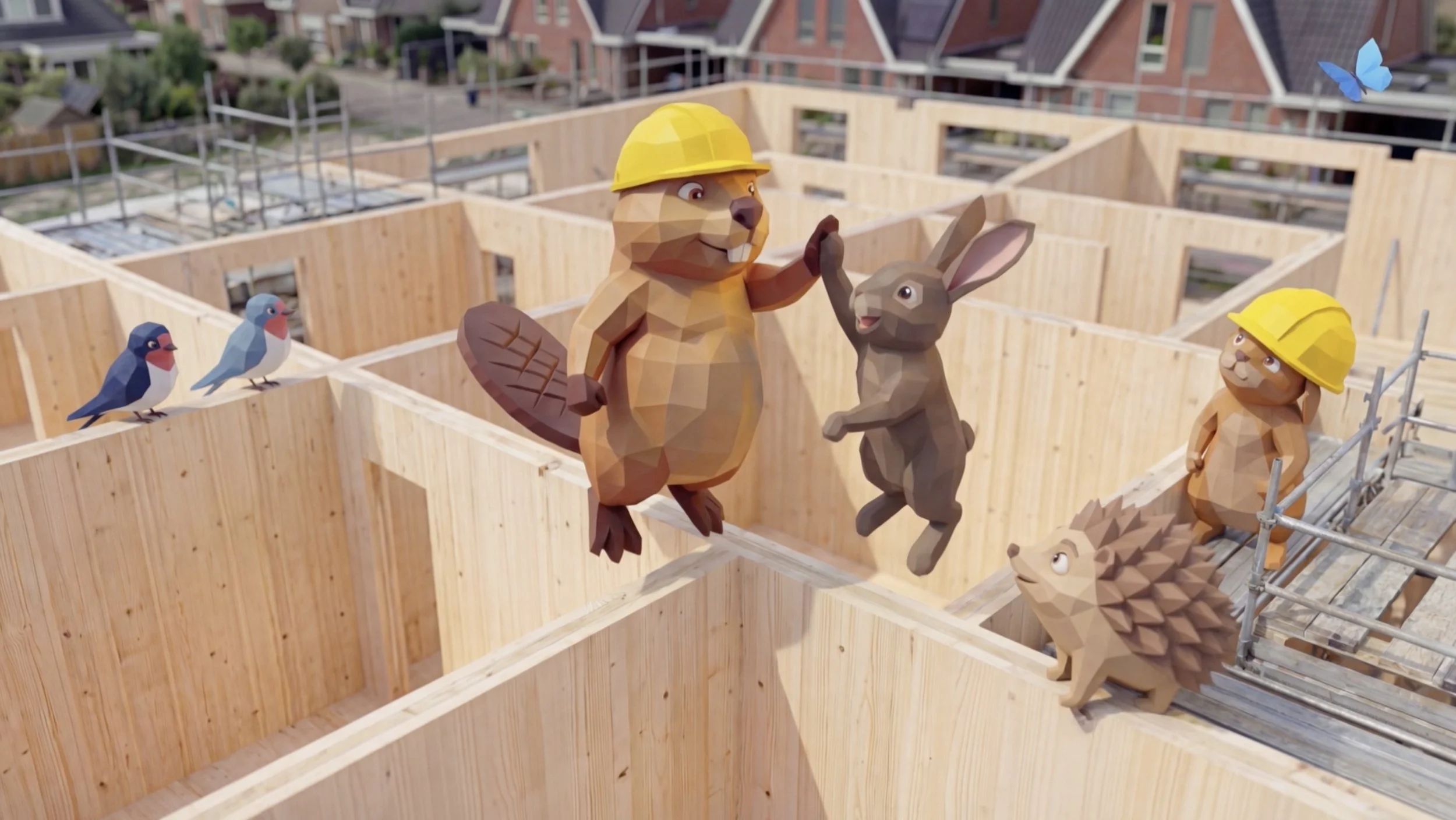 Cartoon dieren op een houten bouwplaats, waaronder een eekhoorn en een haas die elkaar high-five geven, met vogels en een andere eekhoorn met helm op de achtergrond.