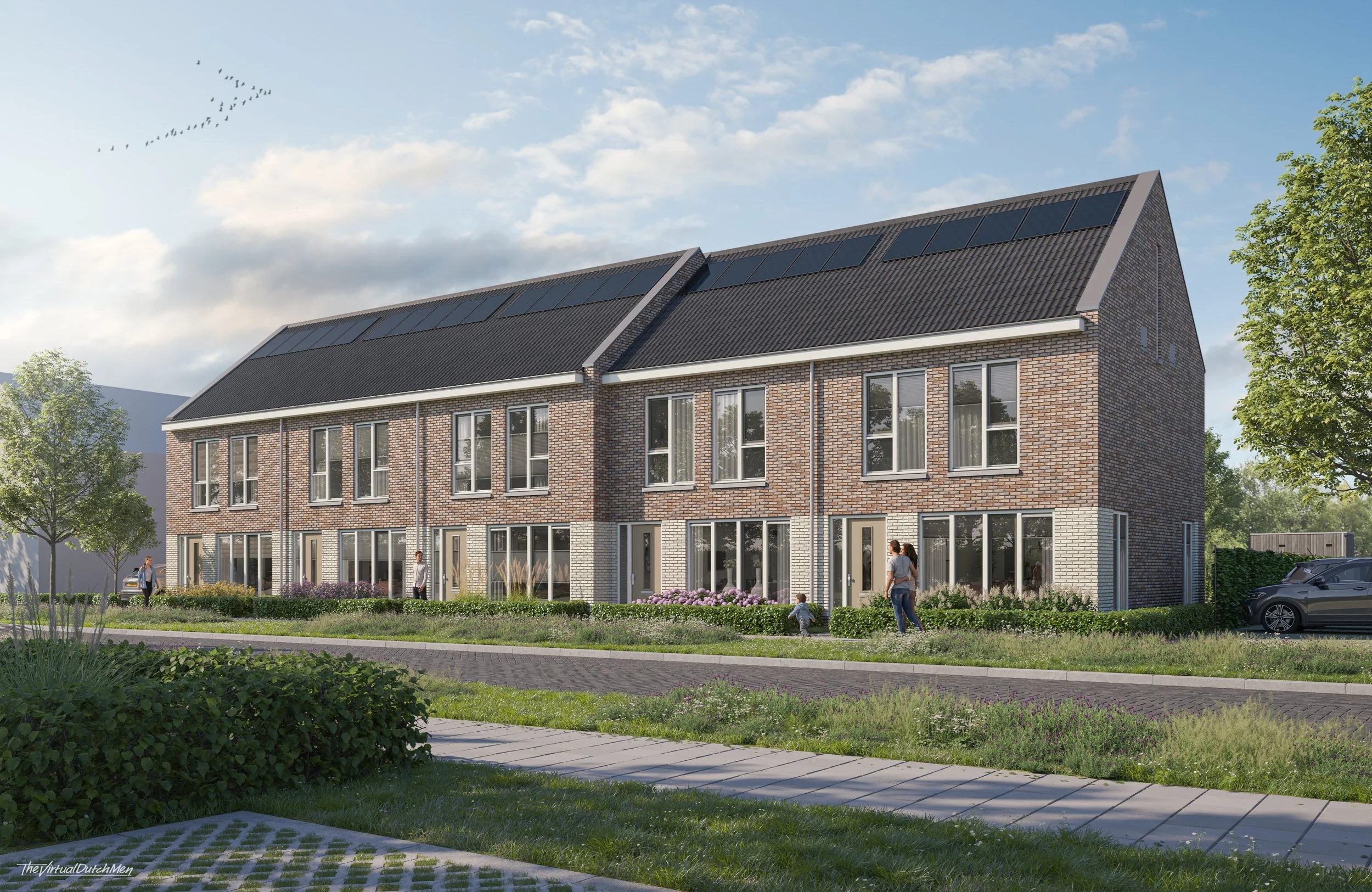 Illustratie van een modern wooncomplex met drie verdiepingen, brick en witte gevels, grote ramen en zonnepanelen op het dak, in een groene omgeving met wandelpaden en bejaarde bewoners.