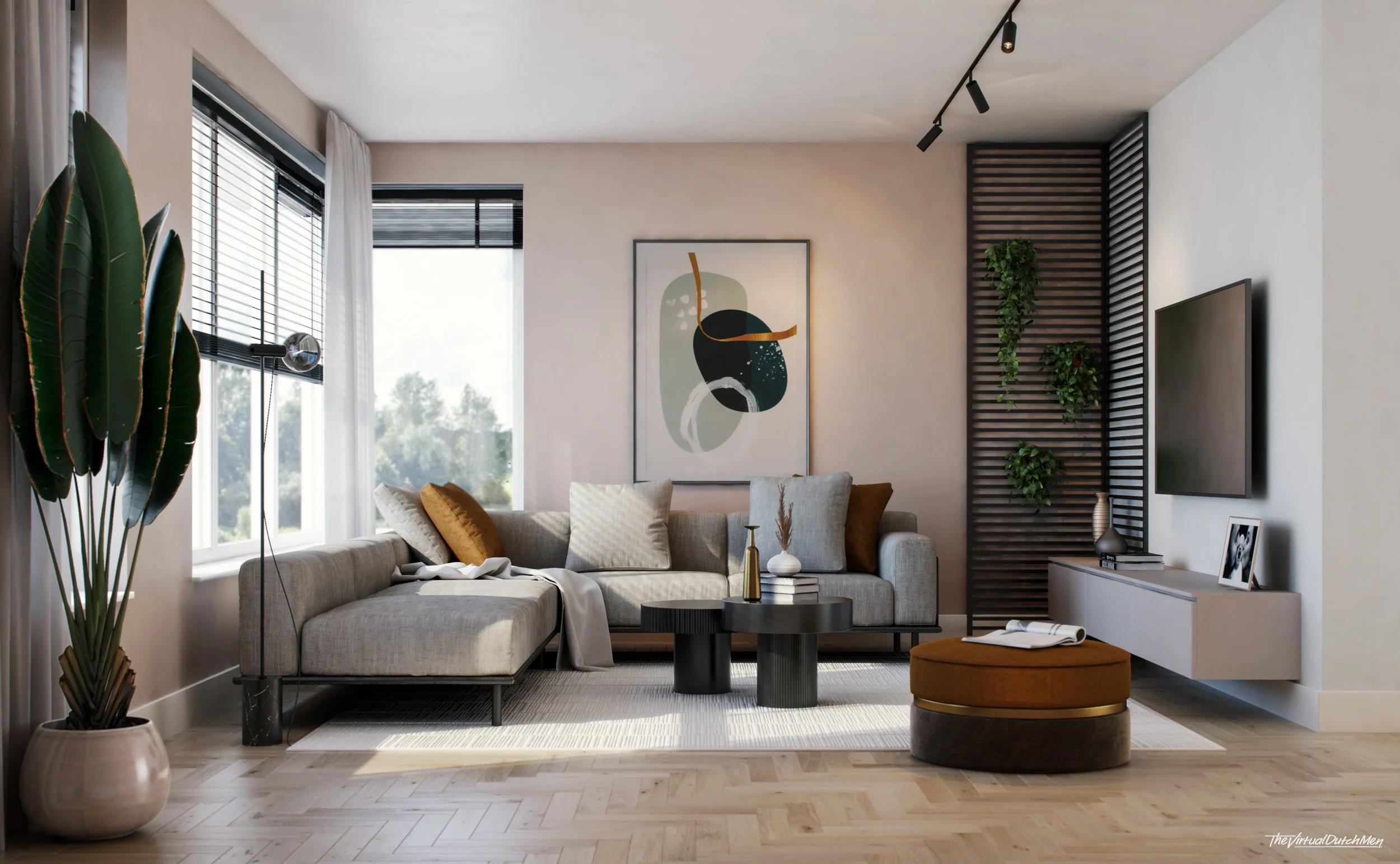 Een moderne woonkamer met een grote L-vormige bank, een abstract kunstwerk aan de muur, een tv, een groen plantenmuur, een ronde salontafel met decoratieve voorwerpen, een vloerlamp, grote ramen met witte en zwarte gordijnen, en een houten vloer.